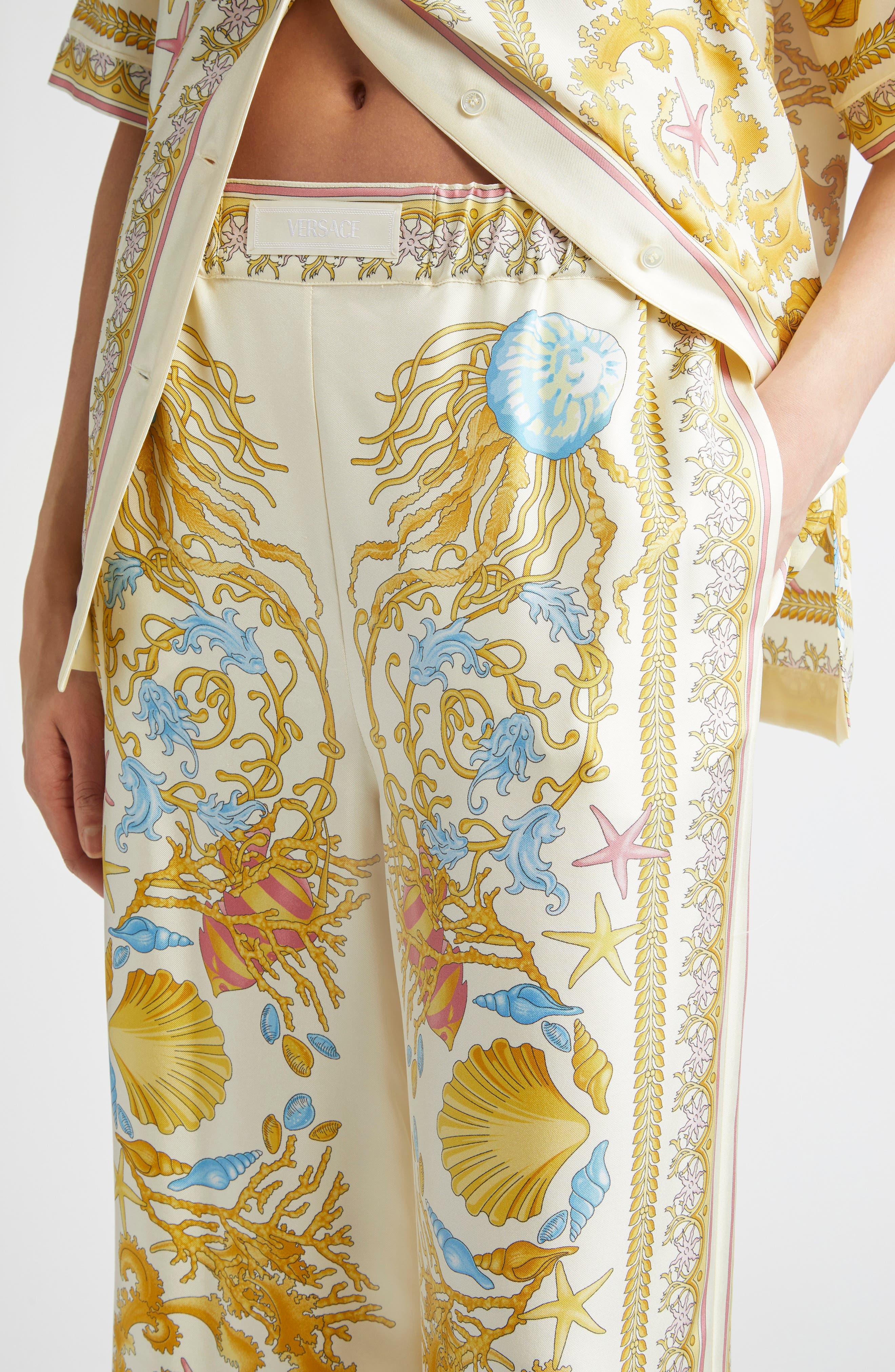 Versace Underwater Barocco Wide Leg Silk Pants in Eggshell Multicolor at Nordstrom - 5