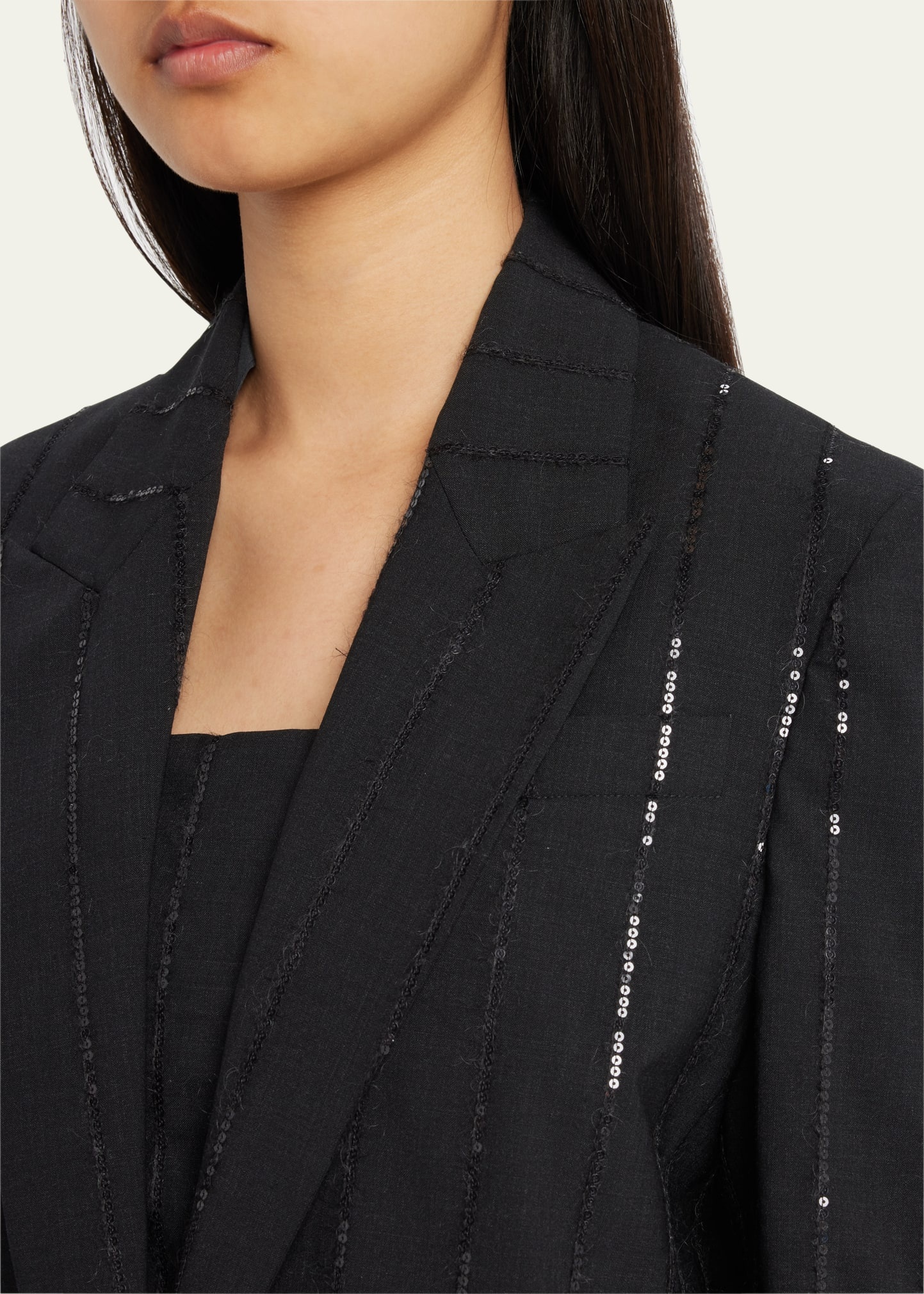 Vertical Beaded Pinstripe Wool Blazer Jacket - 5