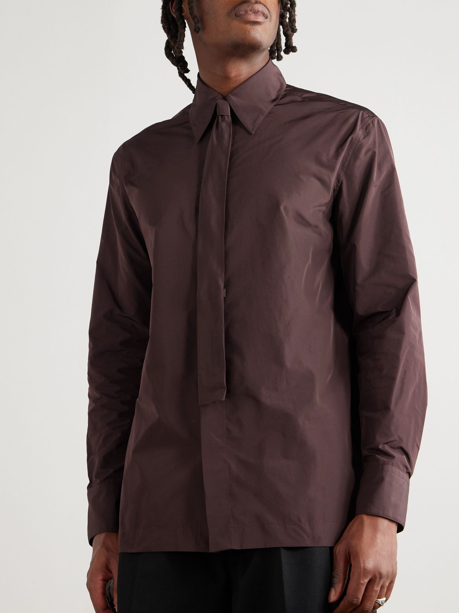 Slim-Fit Tie-Detailed Taffeta Shirt Brown - 3
