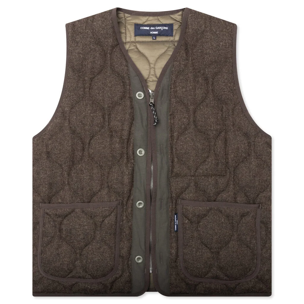 WOOL HERRINGBONE QUILTED VEST - KHAKI - 1