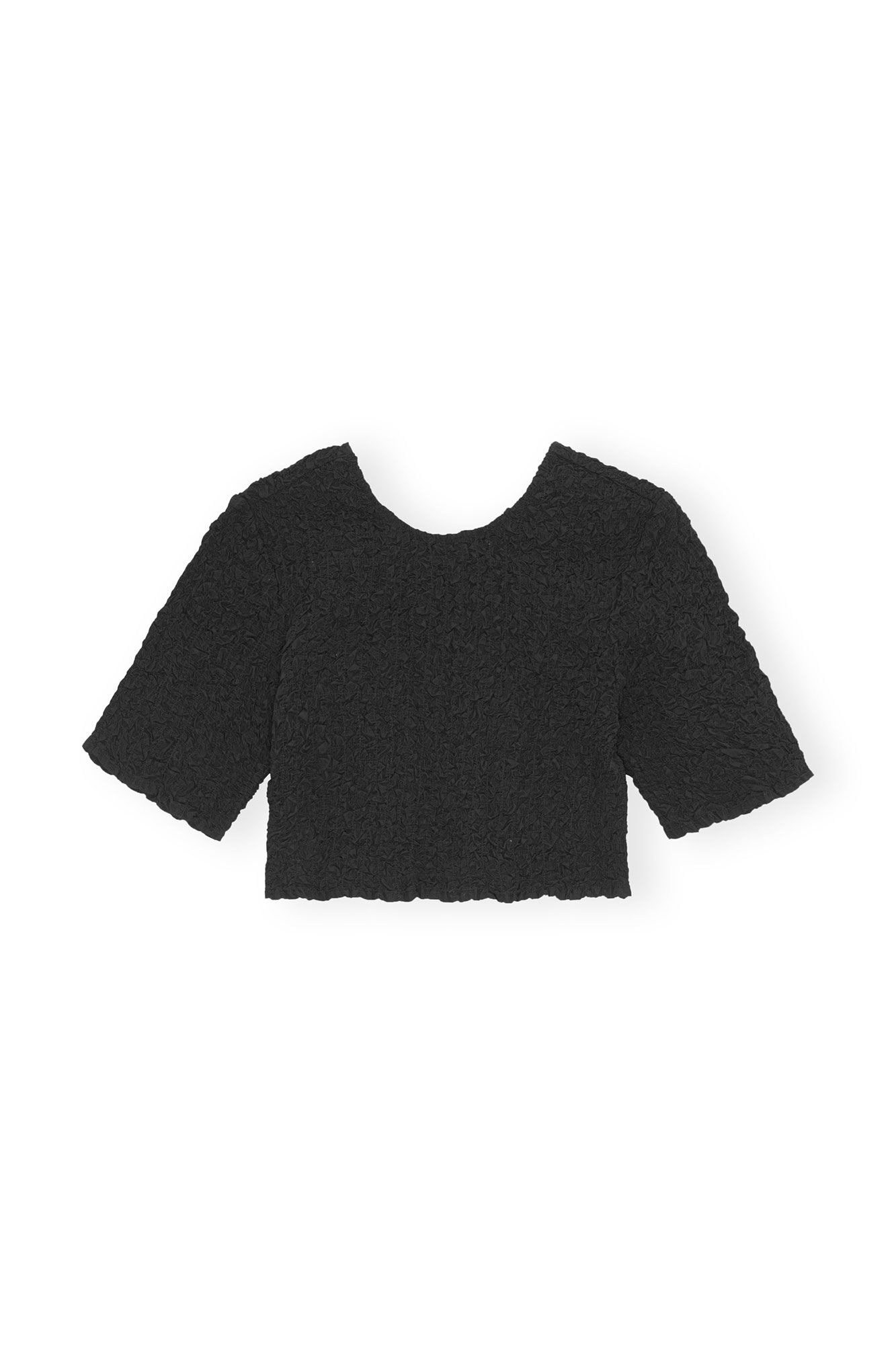 BLACK COTTON POPLIN O-NECK CROPPED SMOCK TOP - 6