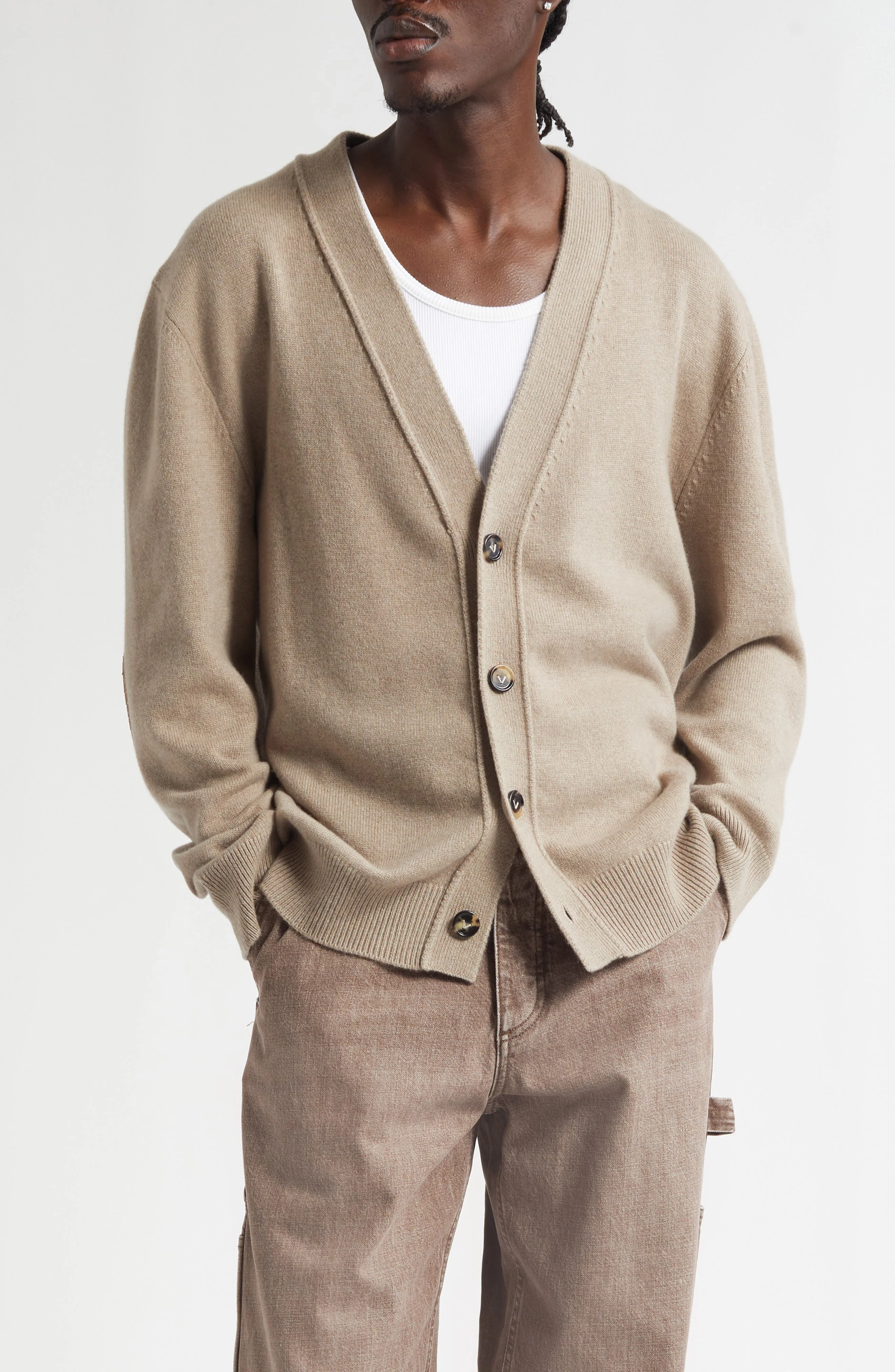 Bottega Veneta Classic Cashmere Blend V-Neck Cardigan with Intrecciato Leather Elbow Patches in 9713 - 1