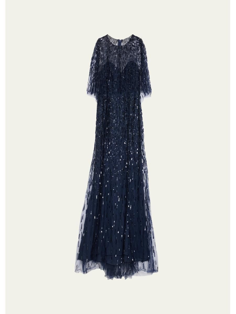 Sequined Tulle Capelet Trumpet Gown 1