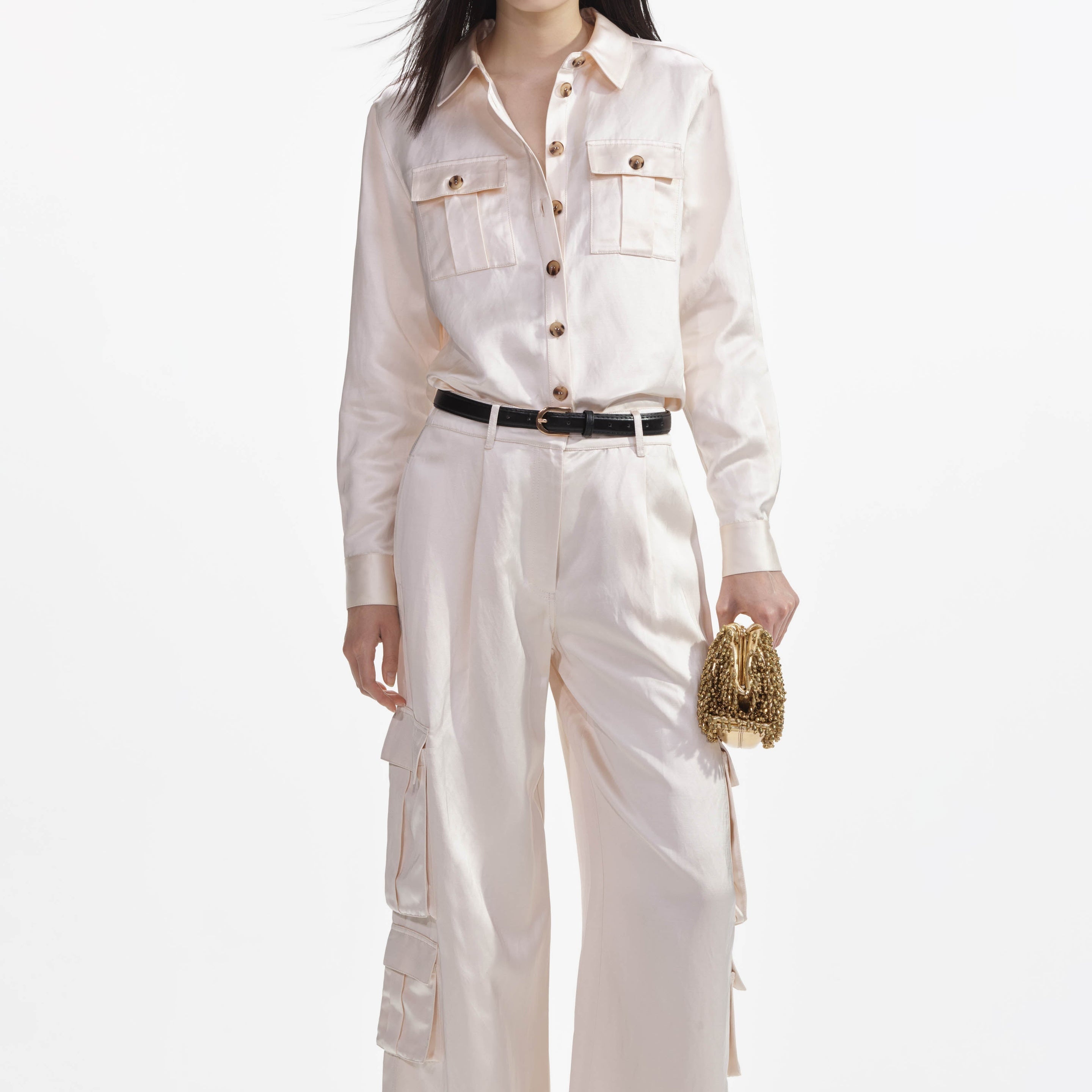 Cream Satin Cargo Trousers - 4