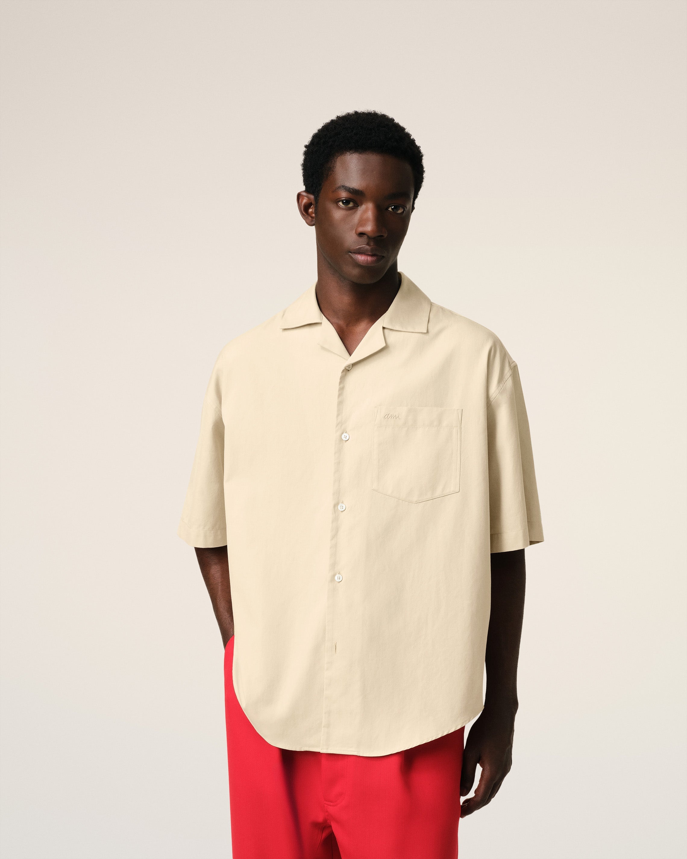 BEIGE COTTON SHORT SLEEVE BOXY SHIRT - 3