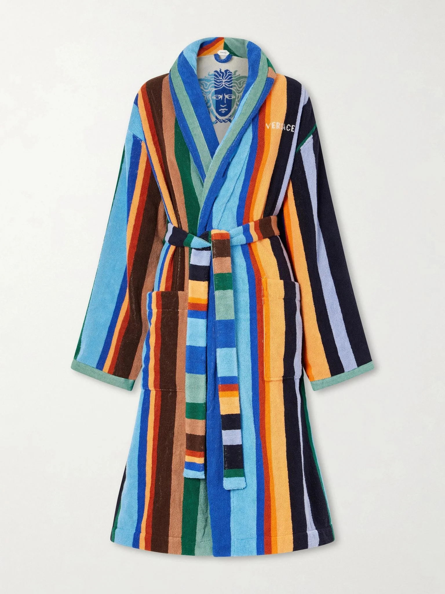 Knit Robe Patterns VERSACE Medusa belted striped cotton-terry robe Multi - 1024215 ...
