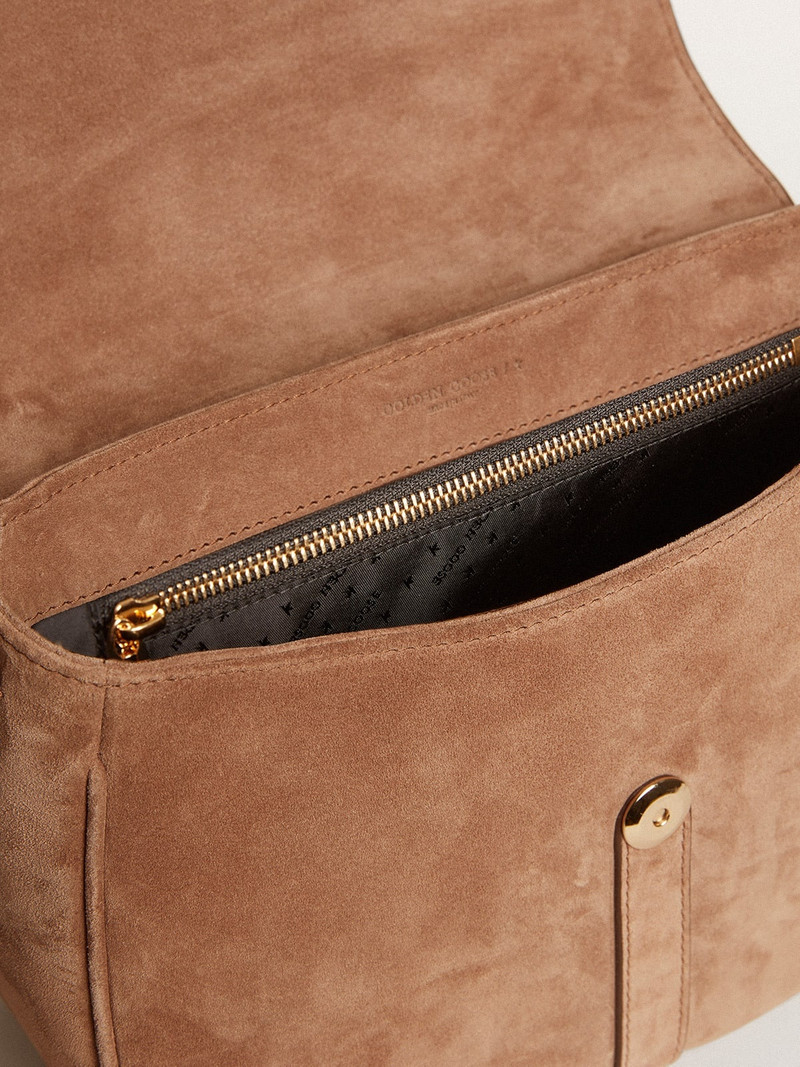 Medium Sally Bag in ash-colored suede with contrasting buckle and shoulder strap 4