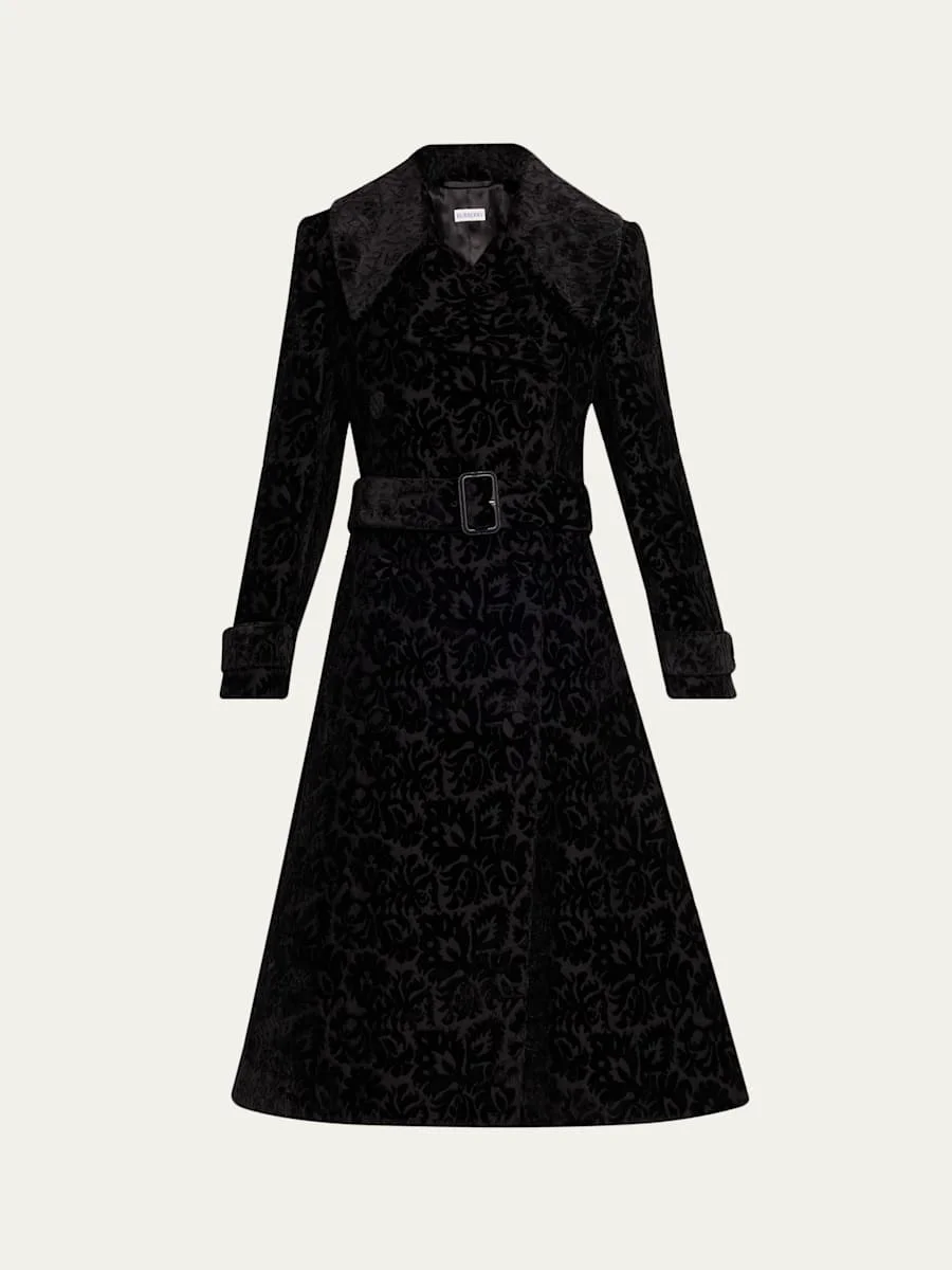 Vine Velvet Double-Breasted Belted Long Coat - 1