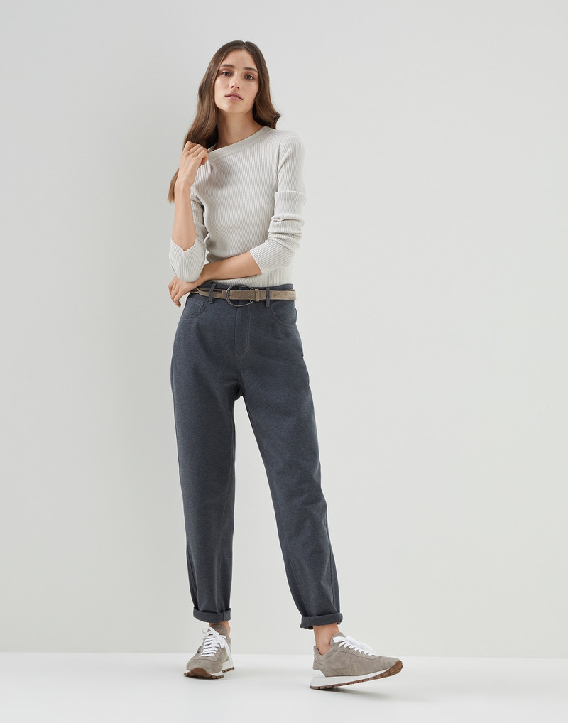 Brunello Cucinelli Stretch cotton couture interlock five-pocket curved trousers with shiny tab outlook