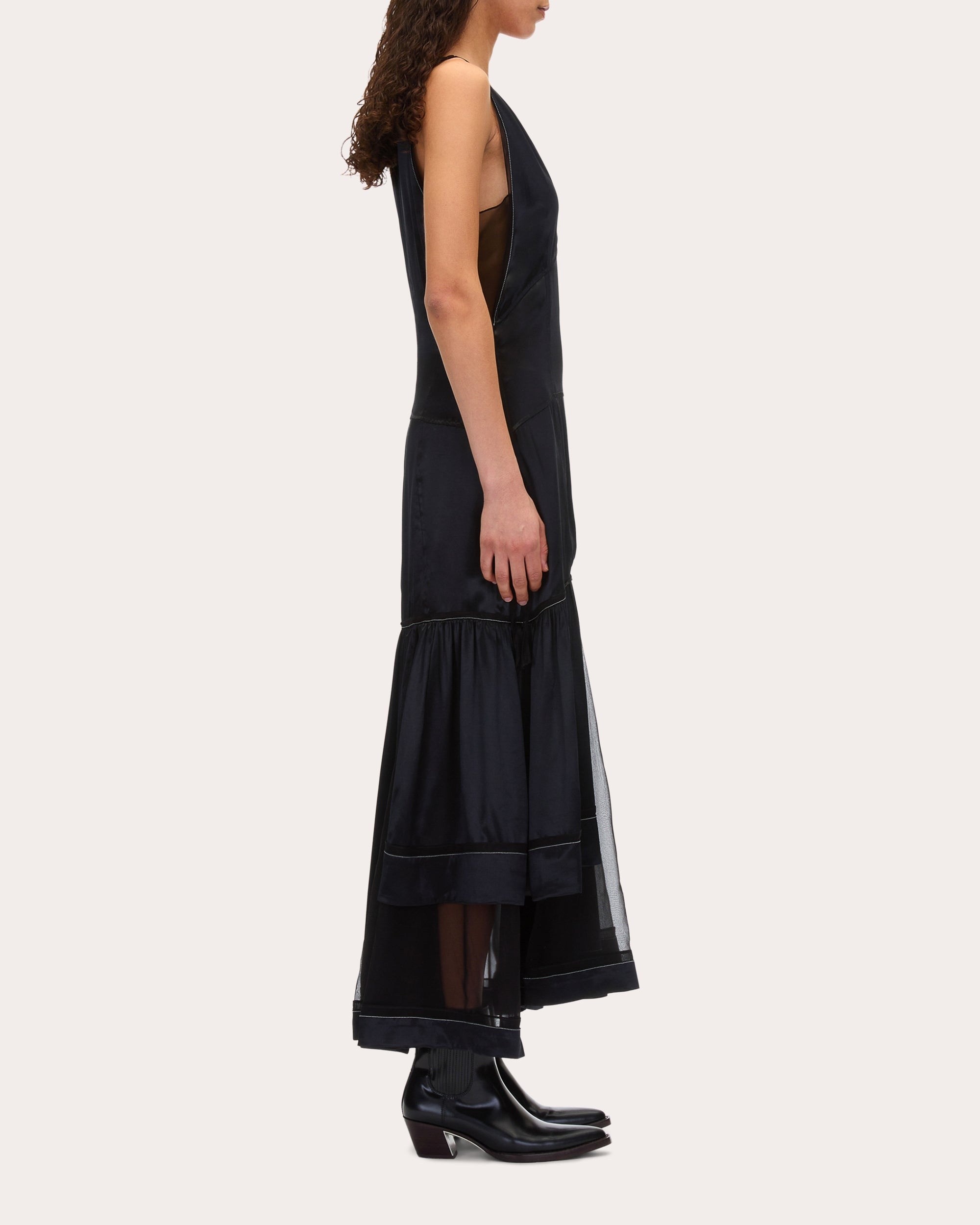 Layered Satin and Chiffon Midi Dress - 3