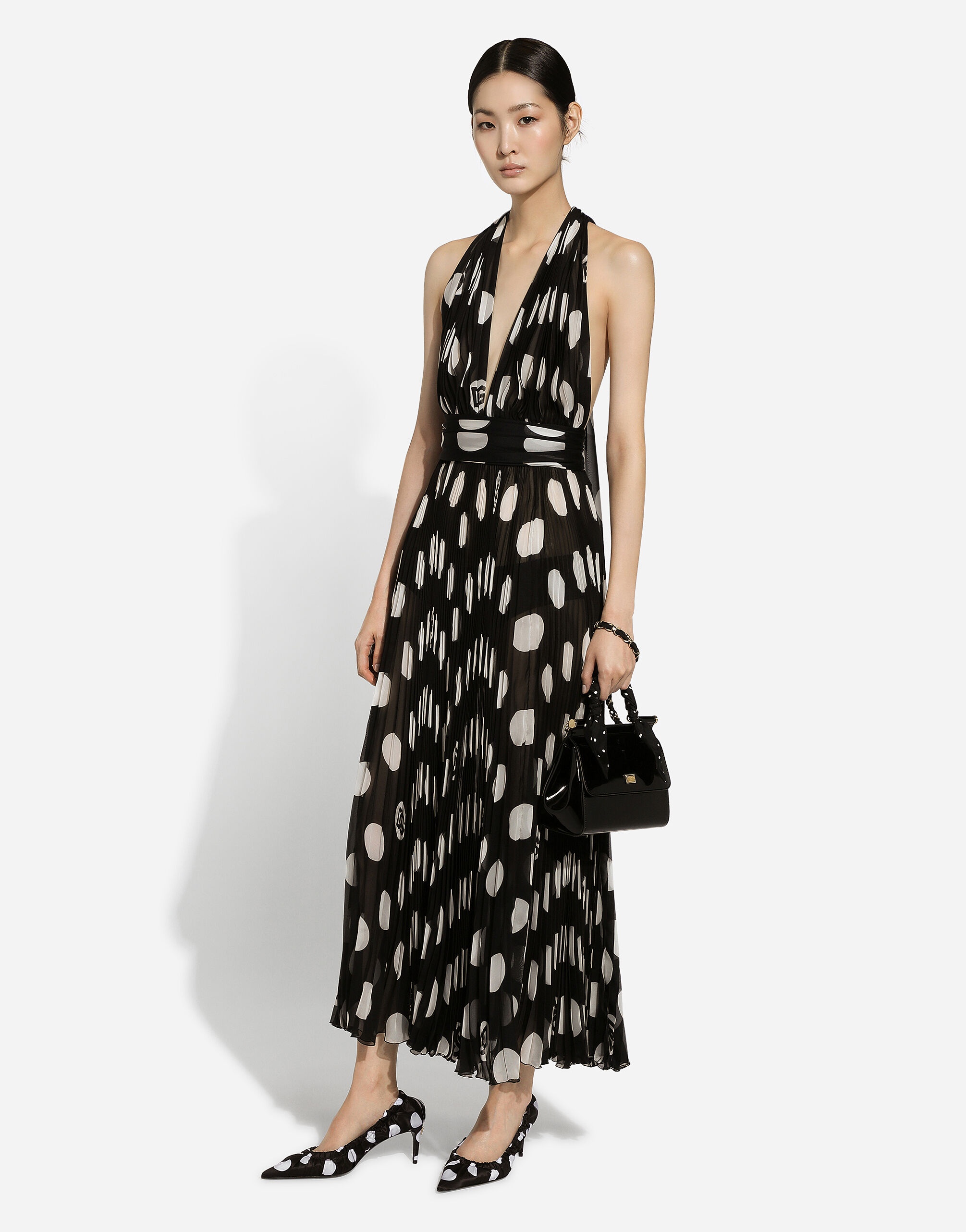 Pleated chiffon calf-length dress with polka-dot print - 6