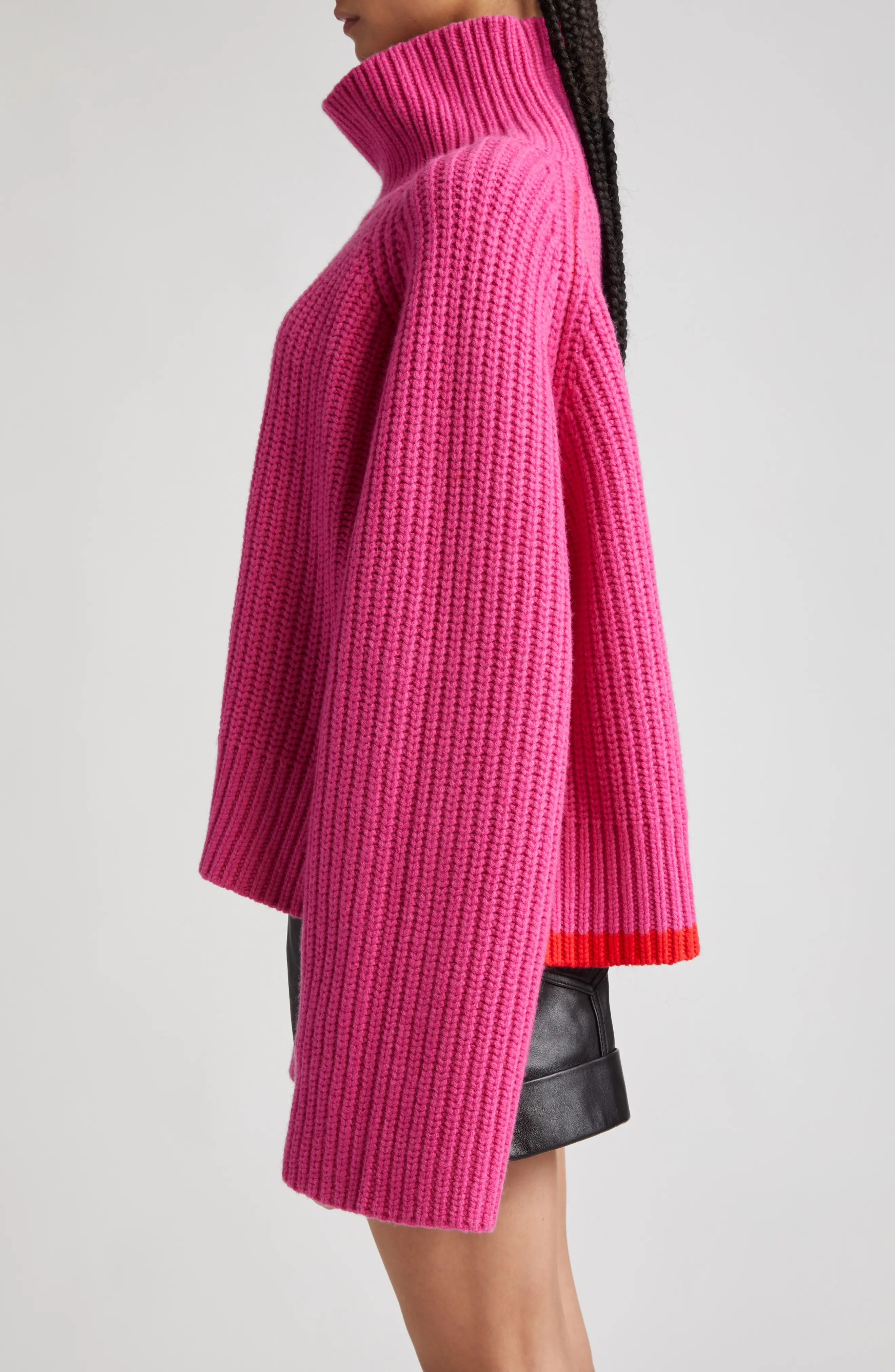 Funnel Neck Crop Wool Rib Sweater in Fuchsia/Bright Poppy - 3