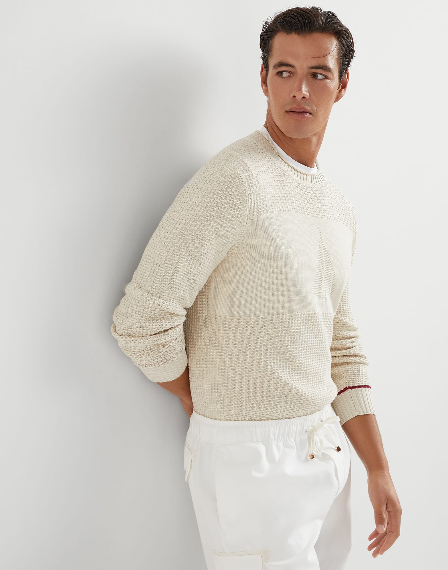 Cotton waffle stitch sweater with intarsia - 4