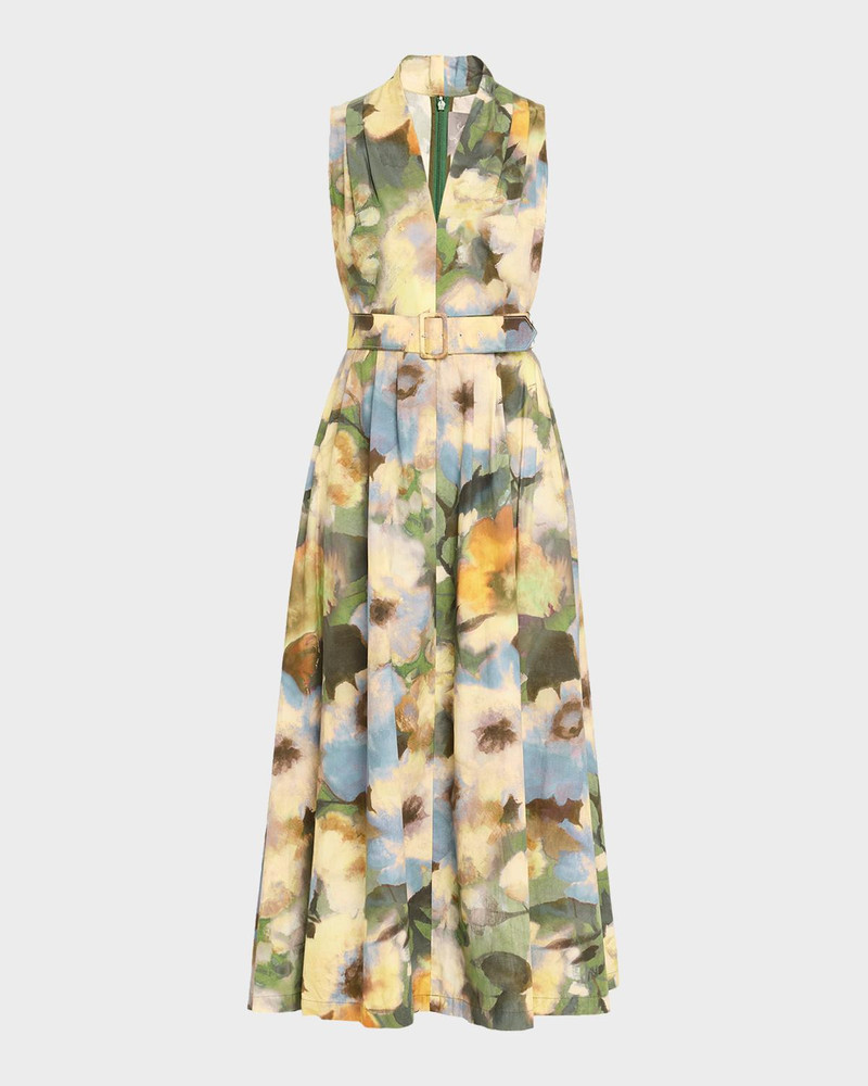Floral-Print Cotton Sleeveless Midi Dress With Belt 1