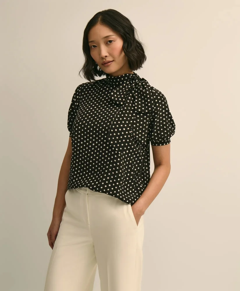 Dot-Print Tie-Neck Blouse - 1