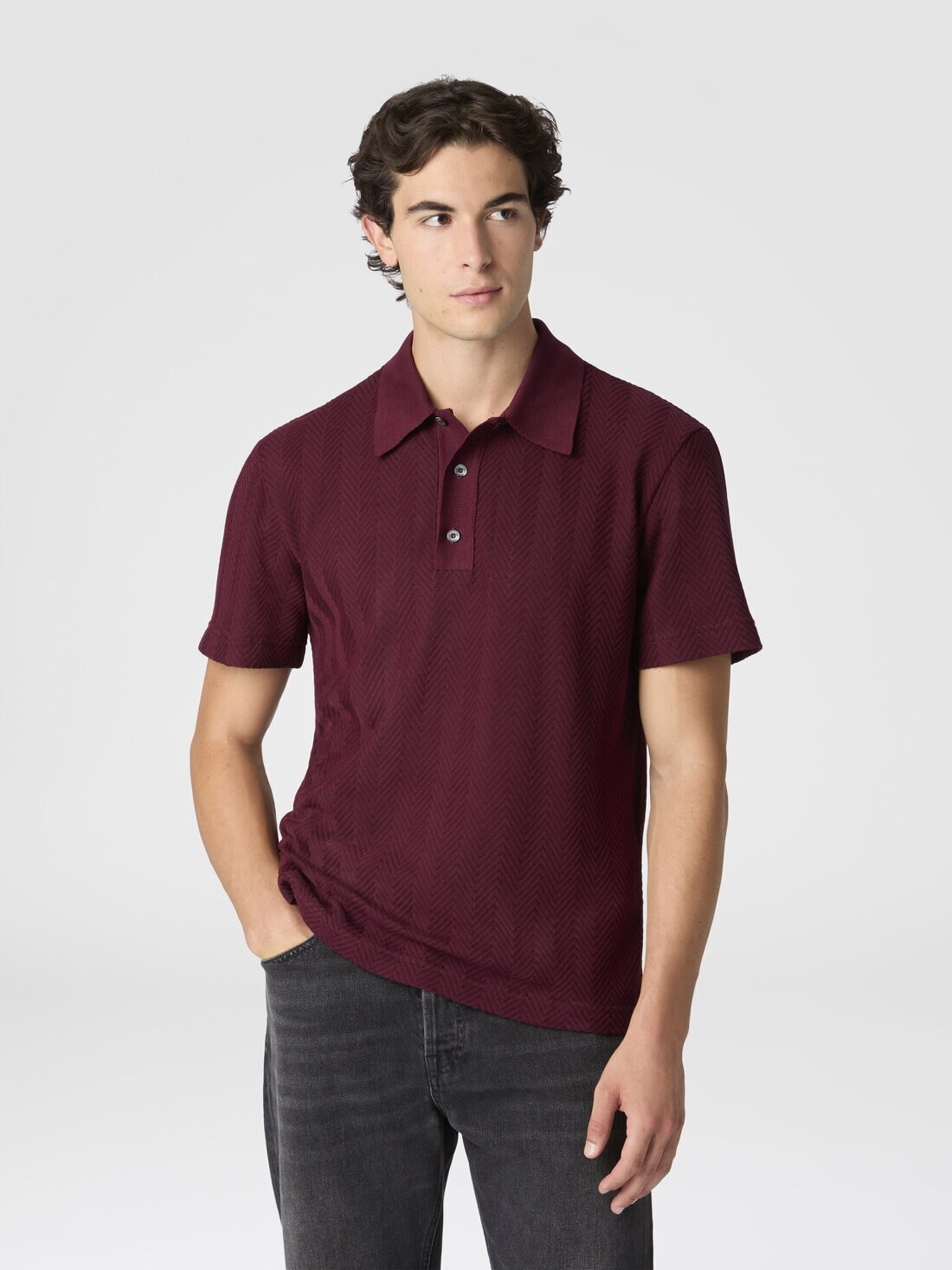 Cotton and viscose polo shirt with tone-on-tone zigzag - 4