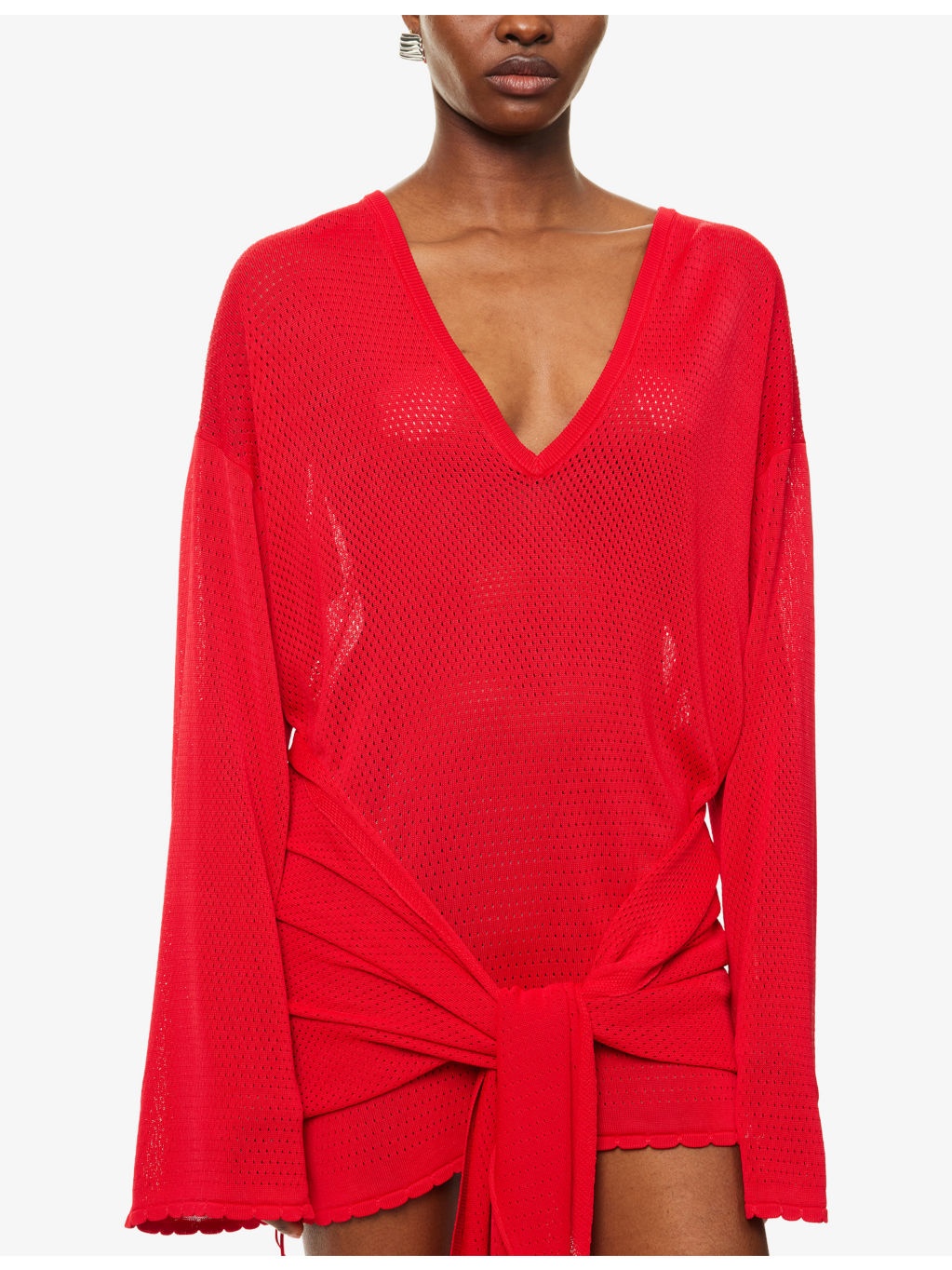 Asymmetric V-Neck Knitted Mini Dress - 5
