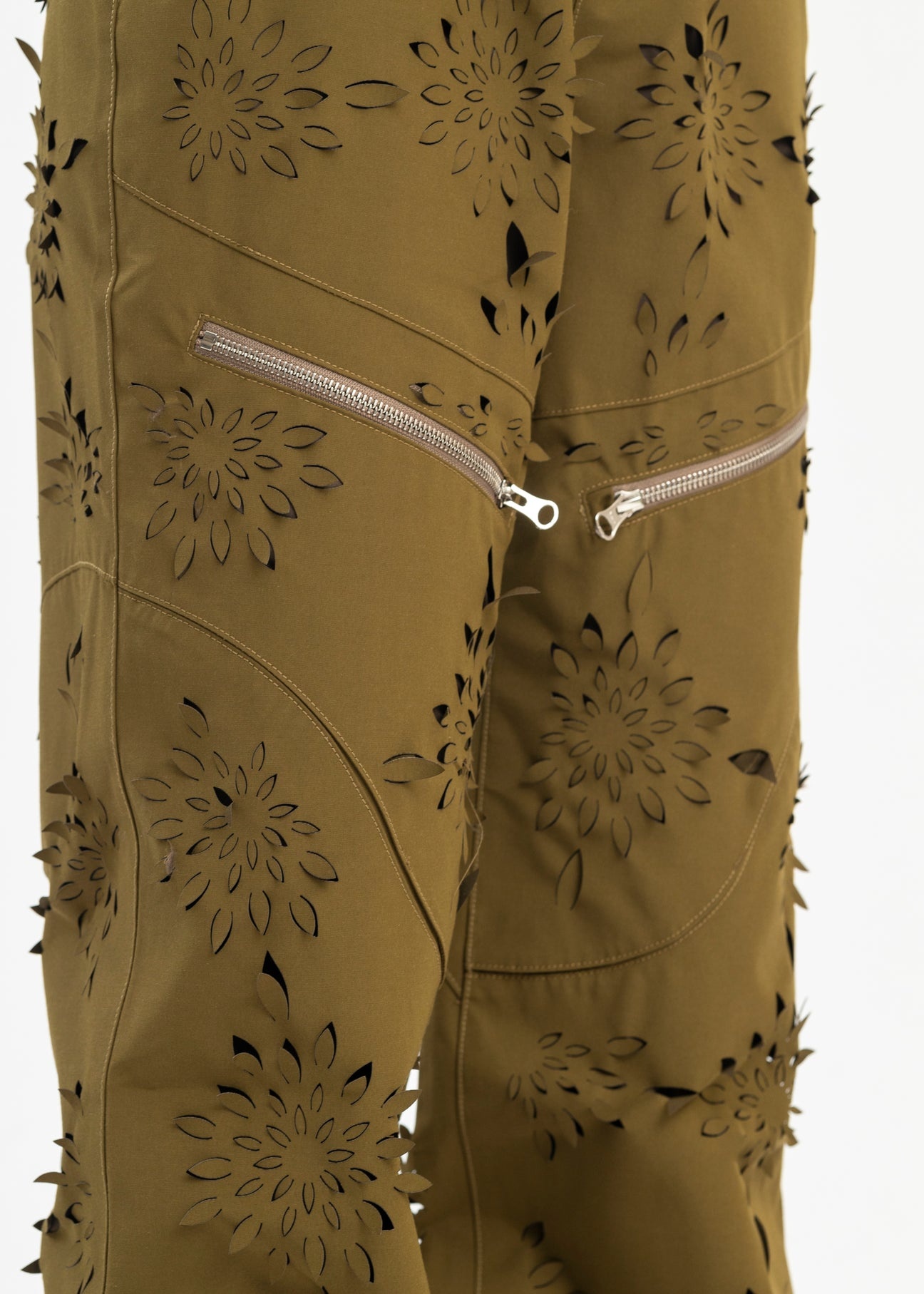 YELLOW-GREEN LASER-SLASHED FLOWER TROUSERS - 4
