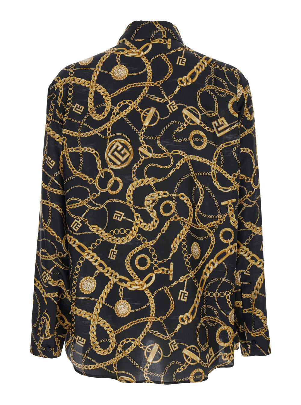 Balmain Men Black Shirt With Pointed Collar And Chain Print With Logo In Silk Man - 2