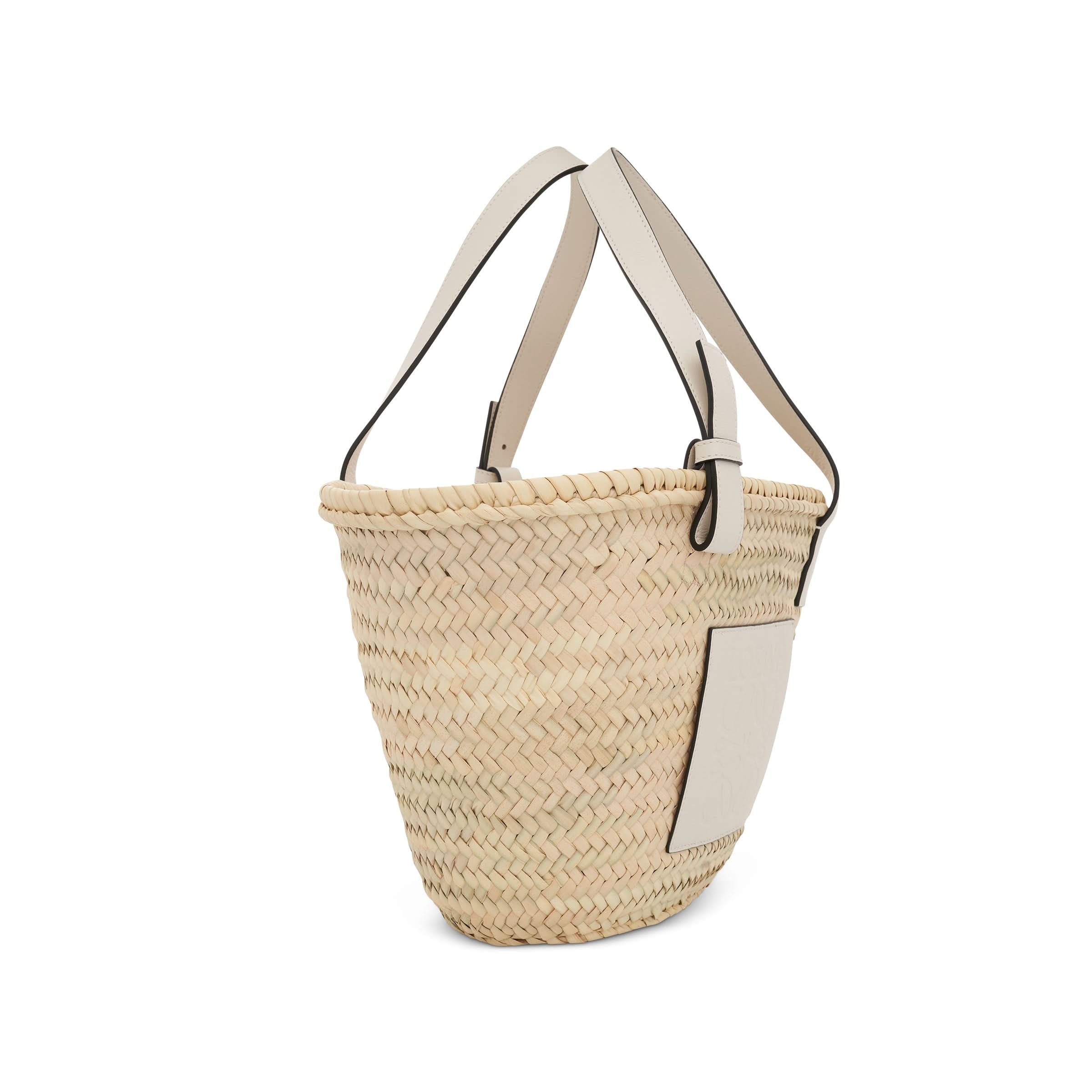 Medium Palm Leaf and Calfskin Basket Bag in Natural/White - 2