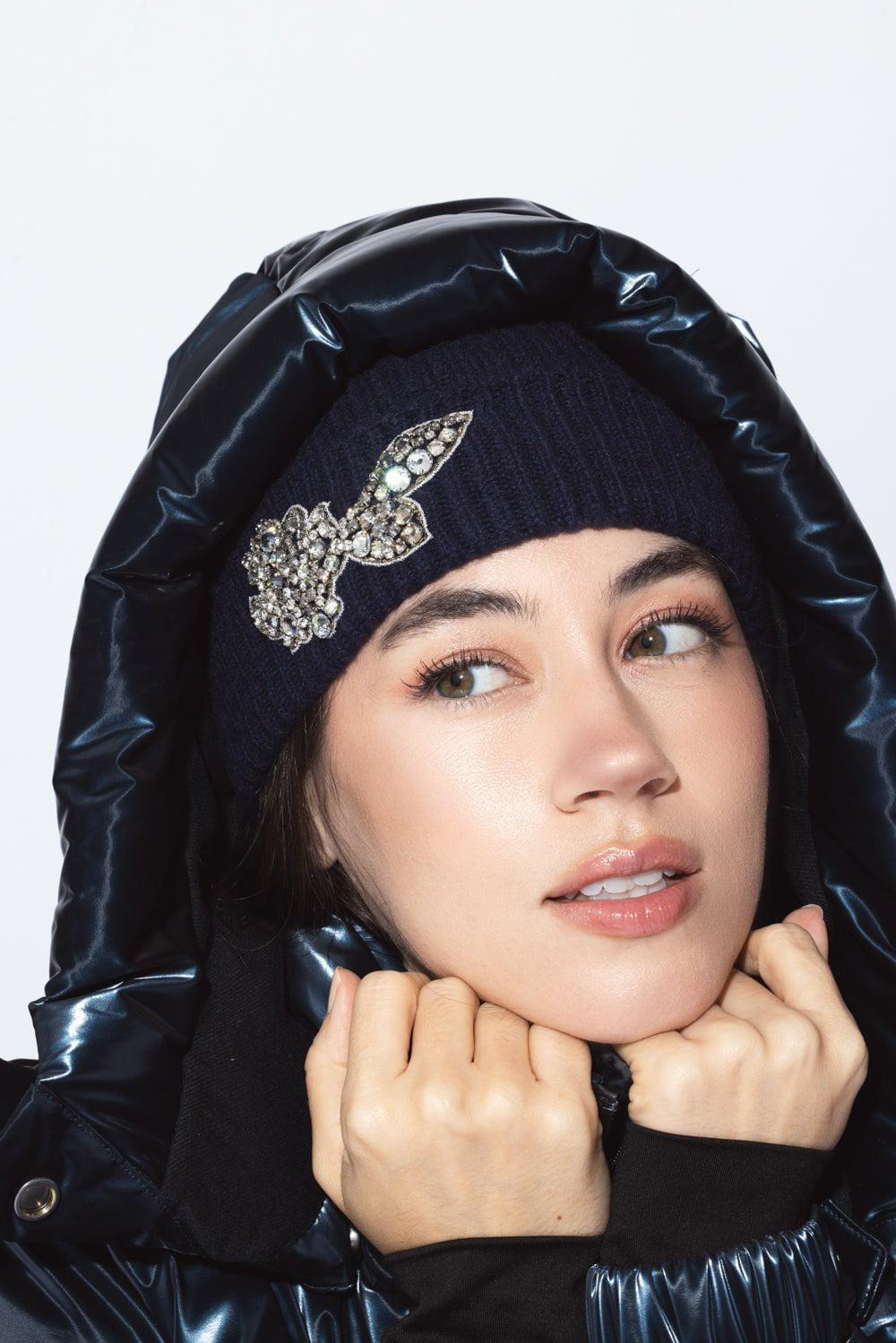 Embroidered Knitted Hat - Navy - 4