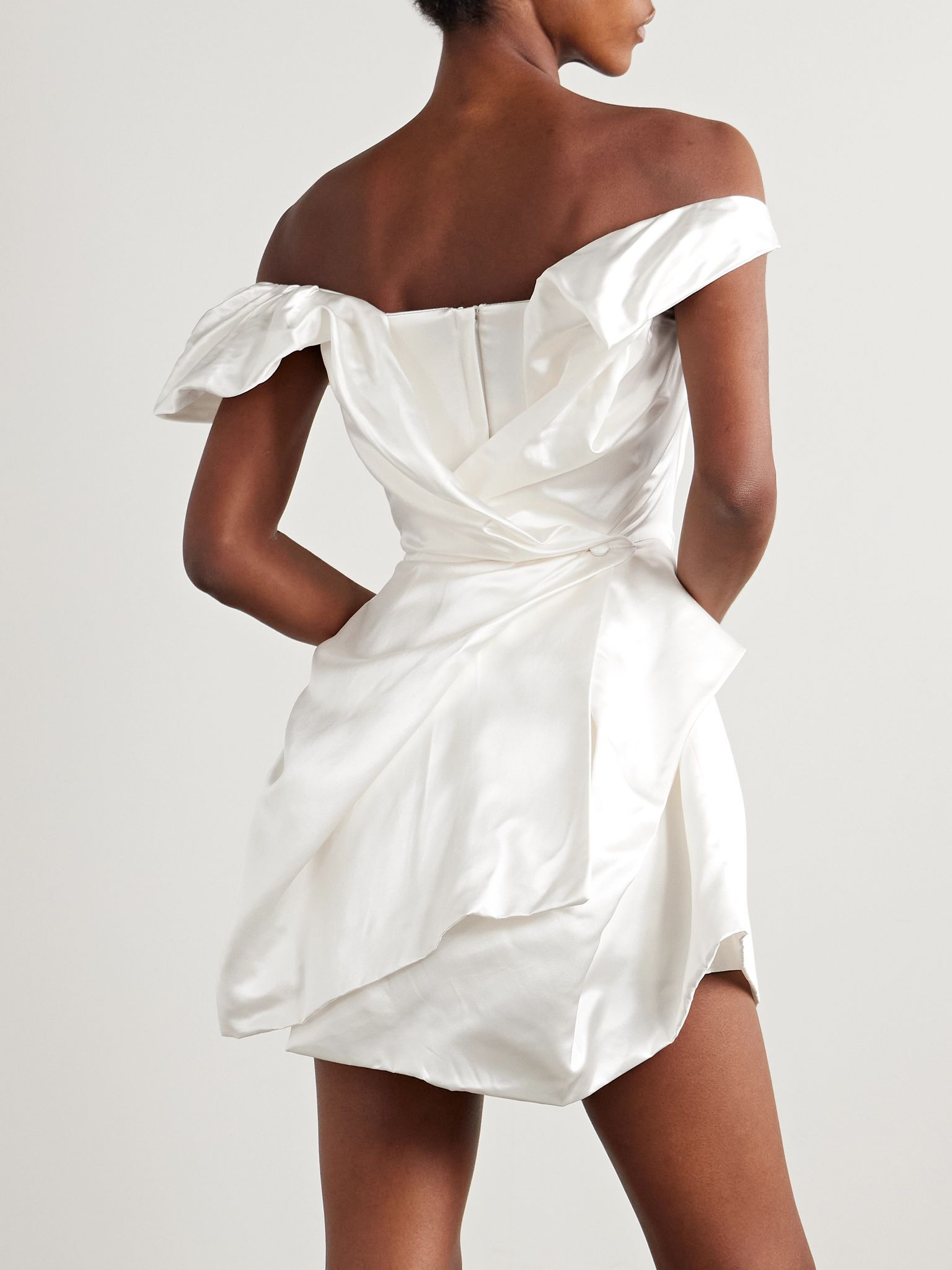 Aurora off-the-shoulder draped silk-satin mini dress Ivory - 3