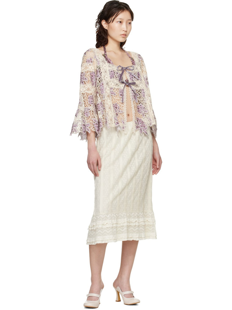 ANNA SUI Purple & Off-White Medallion Floral Lace Tie Blouse outlook