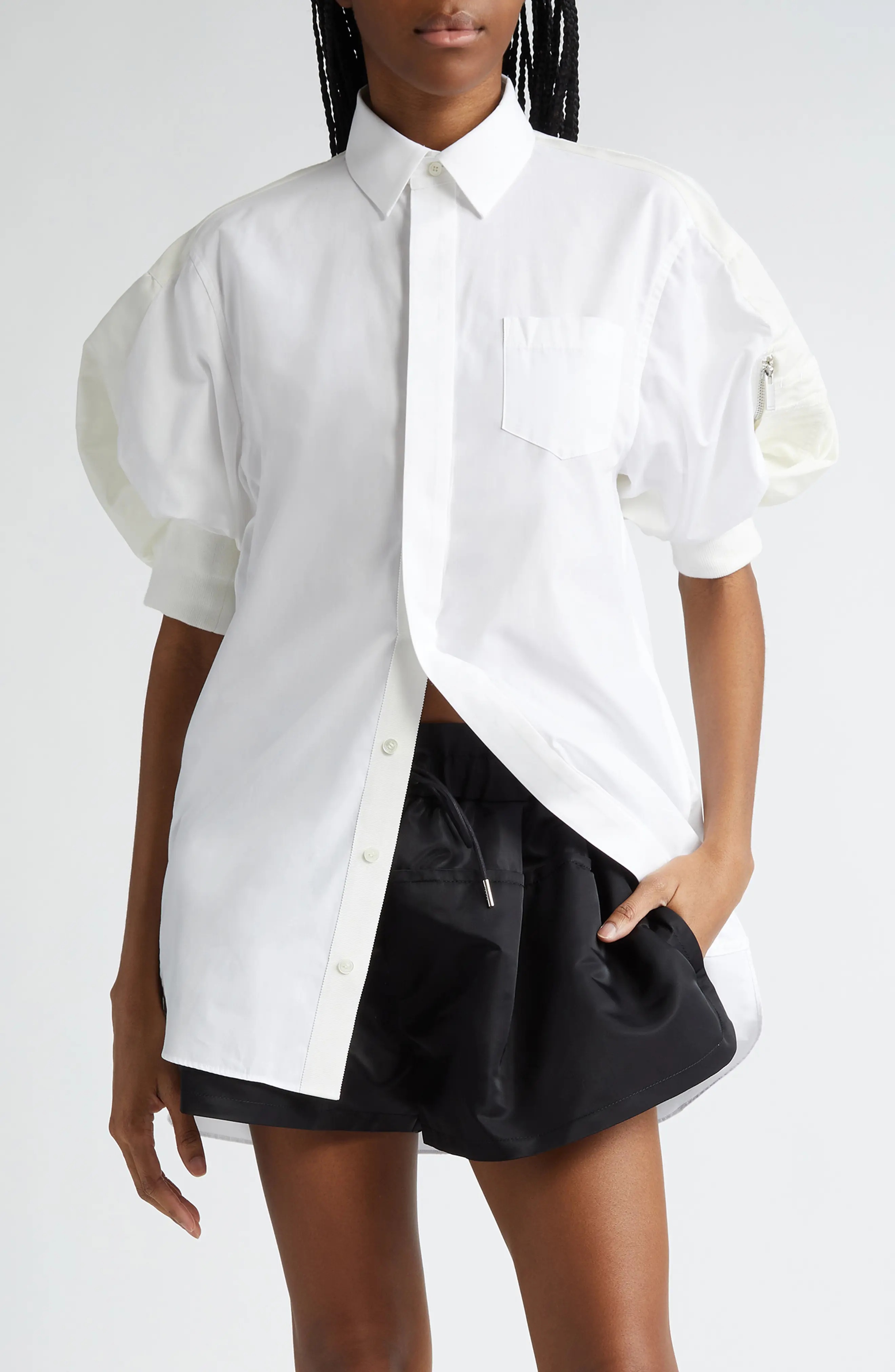 Puff Sleeve Poplin Button-Up Shirt - 1