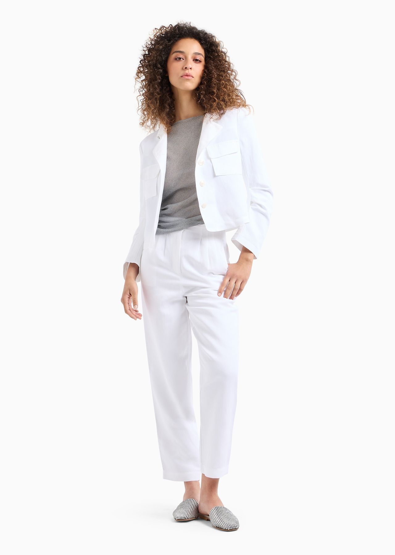 High-waist oval-leg darted trousers in linen-blend shantung - 4