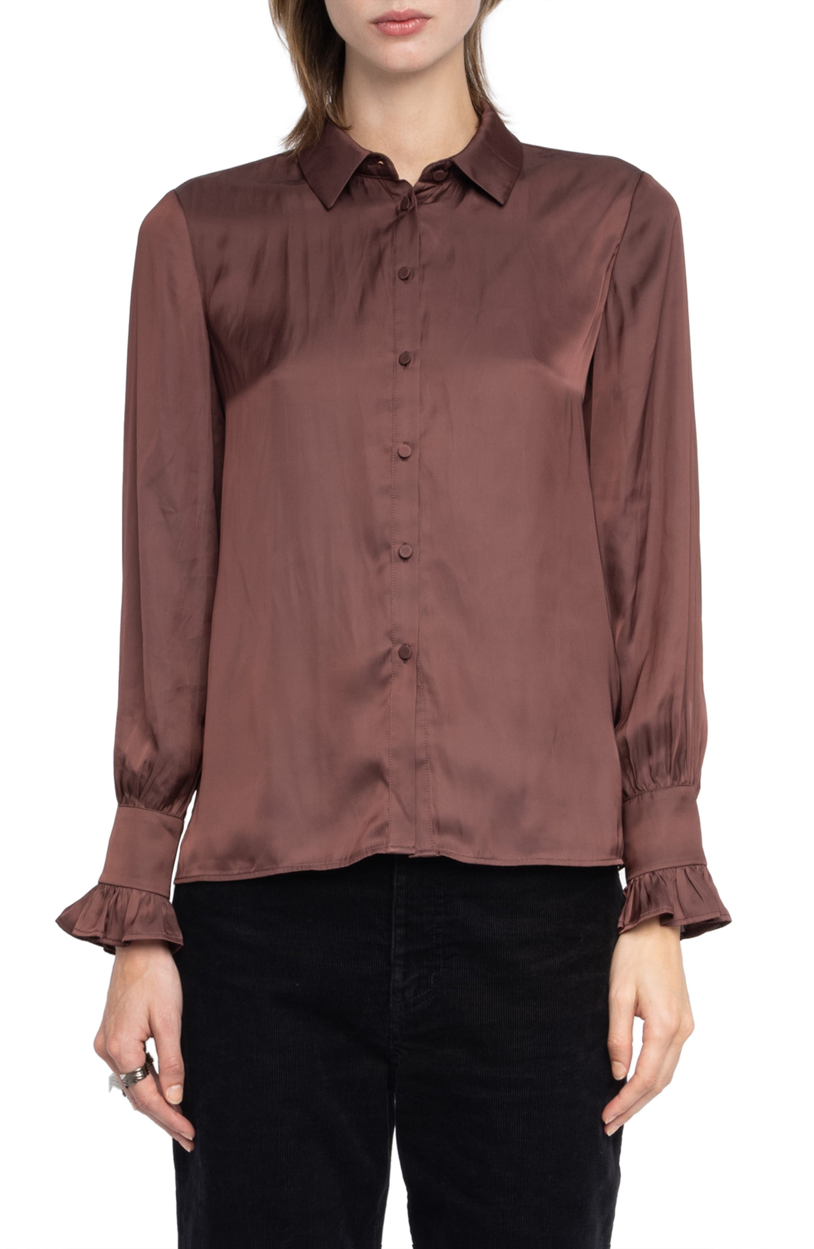Zadig & Voltaire Thely Satin Shirt in Burgundy at Nordstrom - 1