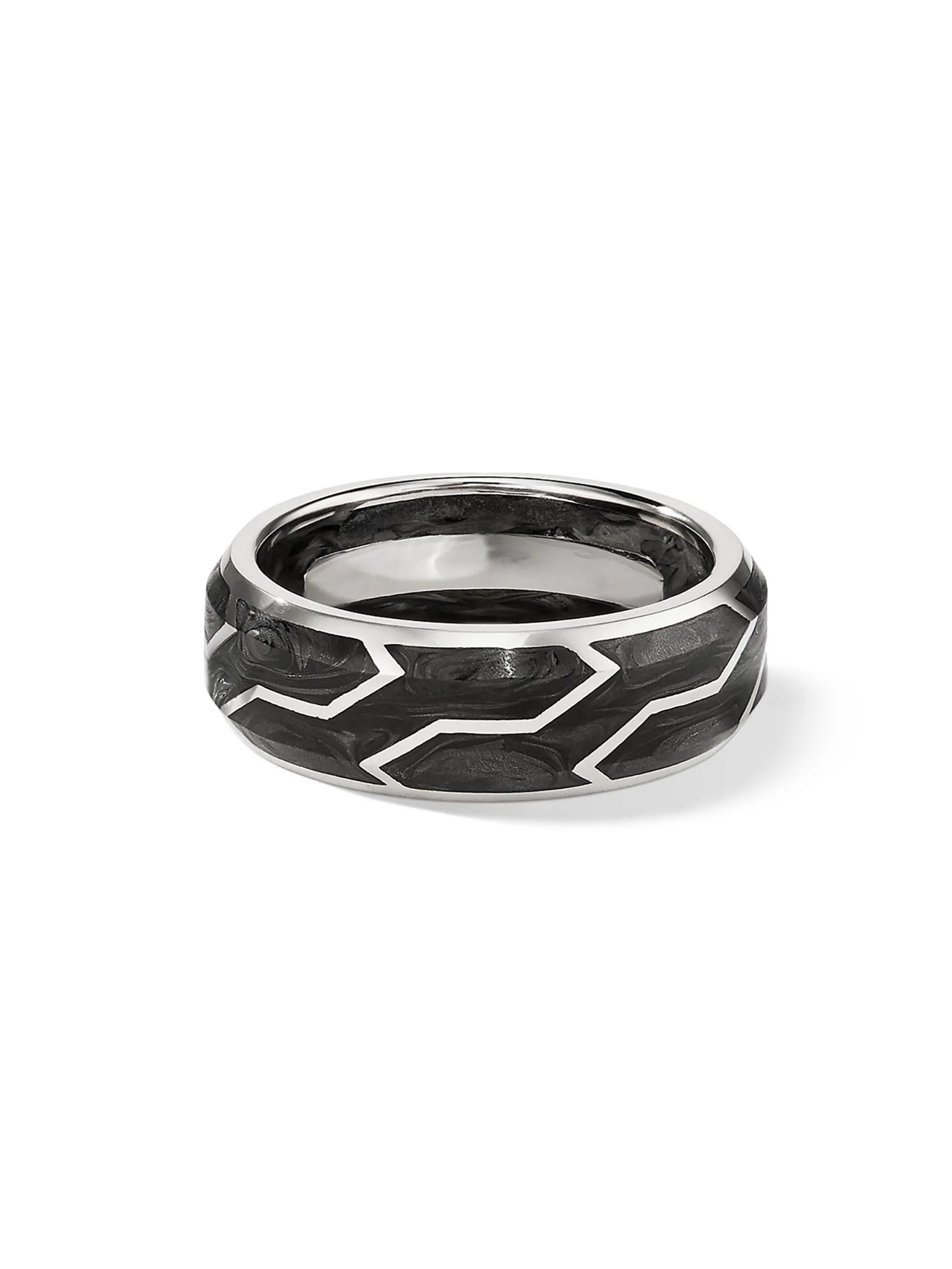 Men's Forged Carbon Band Ring With 18K White Gold - Black - 1