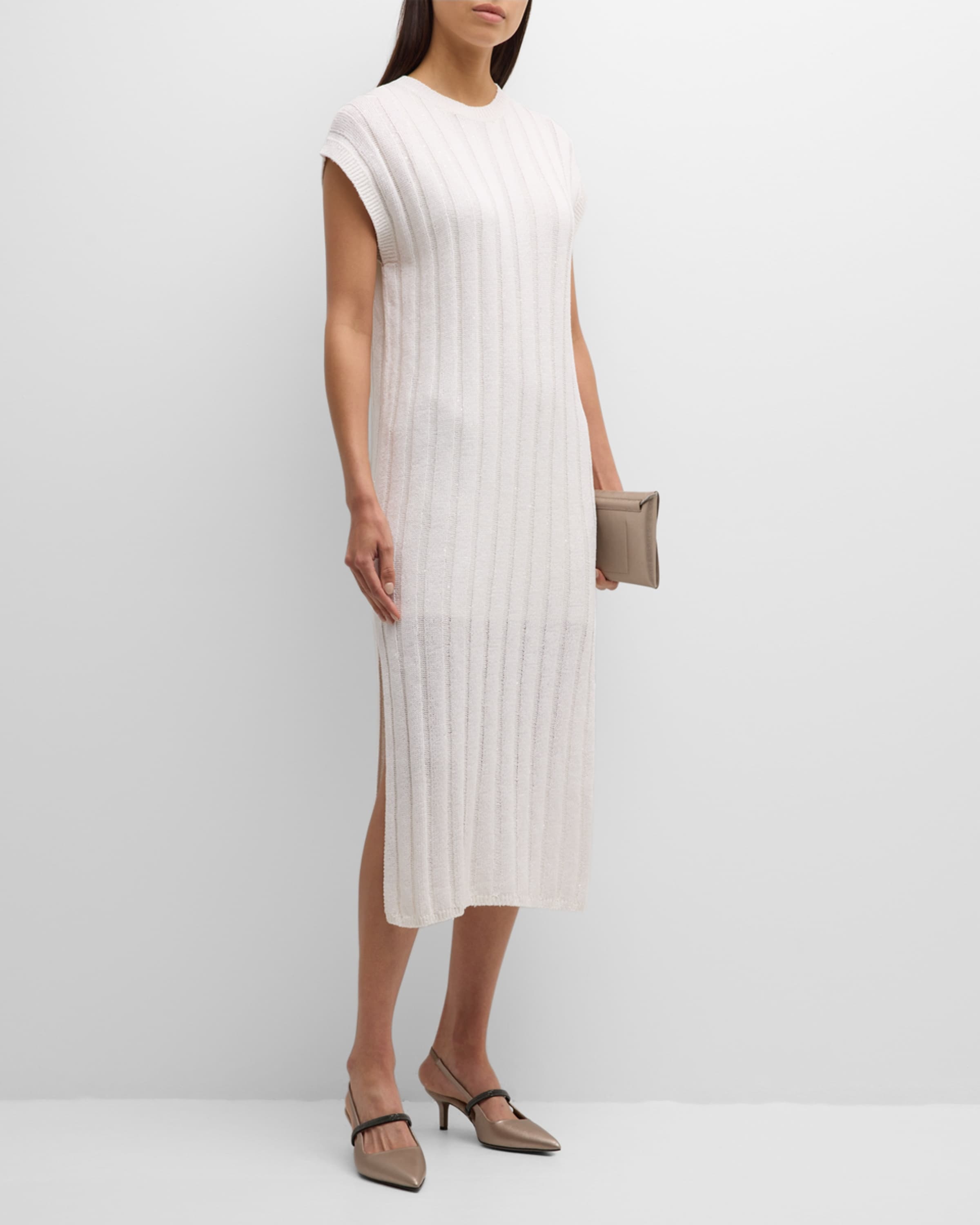 Paillette Rib Knit Cap-Sleeve Midi Dress - 2