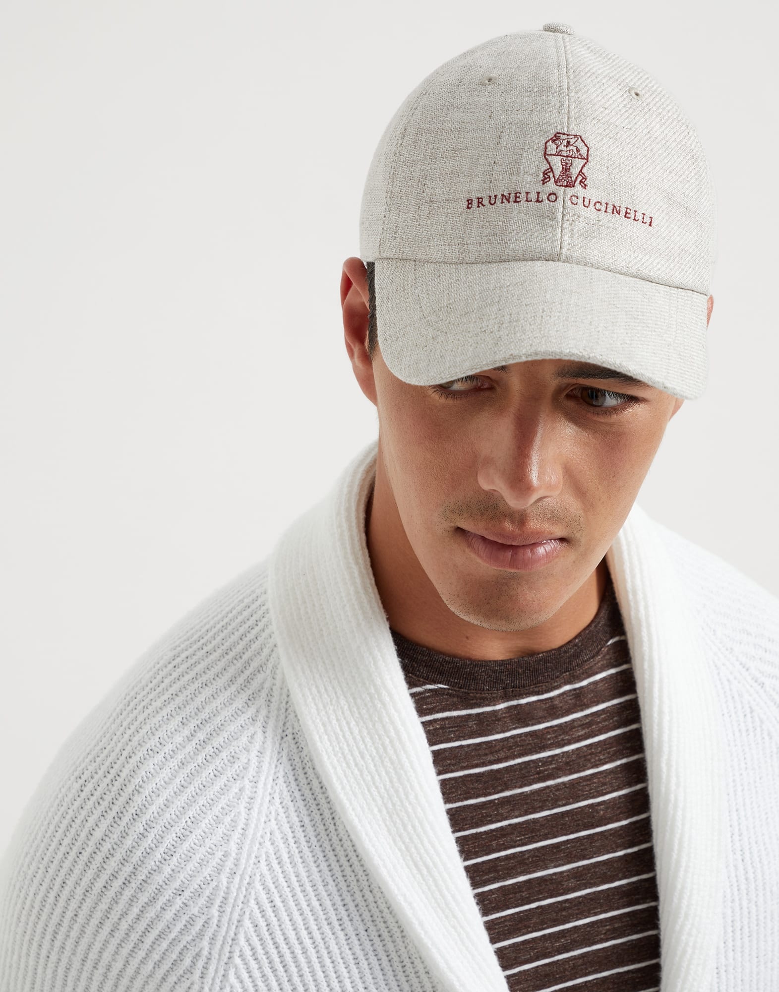 Linen, wool and silk diagonal baseball cap with embroidered logo - 3