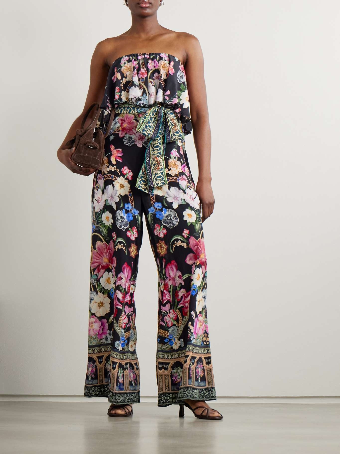 Strapless embellished printed silk crepe de chine jumpsuit Black - 2