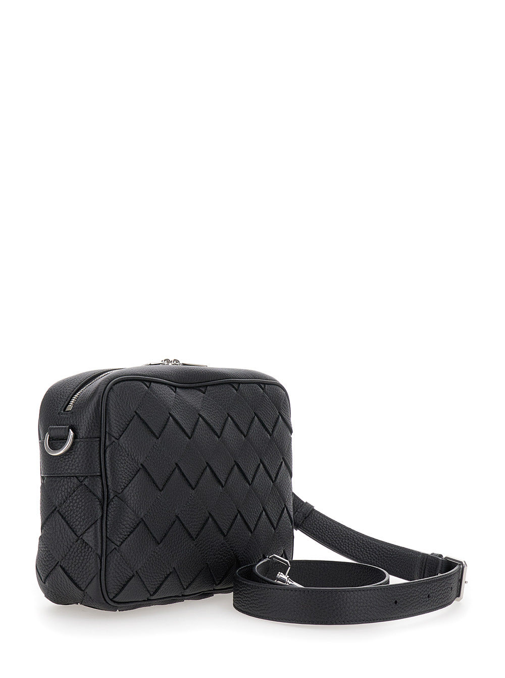 Bottega Veneta Men 'Messenger Medium' Black Crossbody Bag With Intreccio Motif In Hammered Leather M - 3