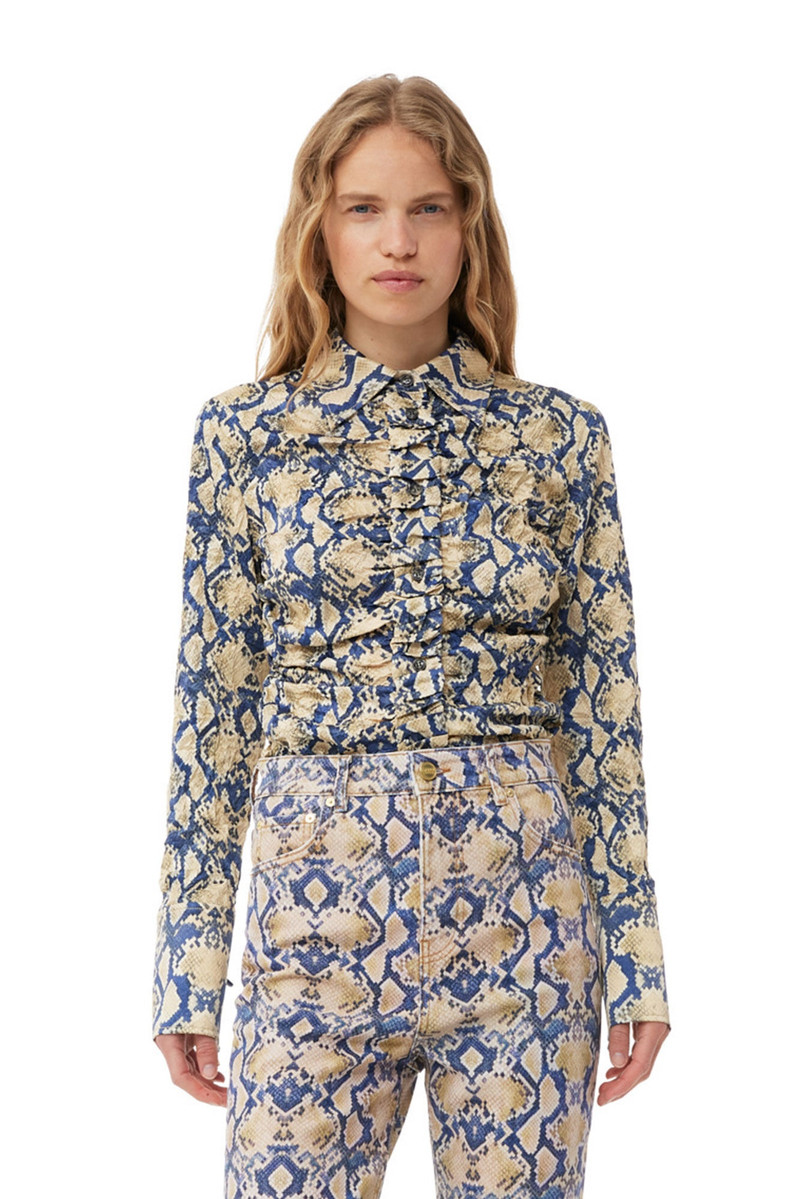 GANNI SNAKE PRINTED CRINKLED SATIN FITTED SHIRT outlook