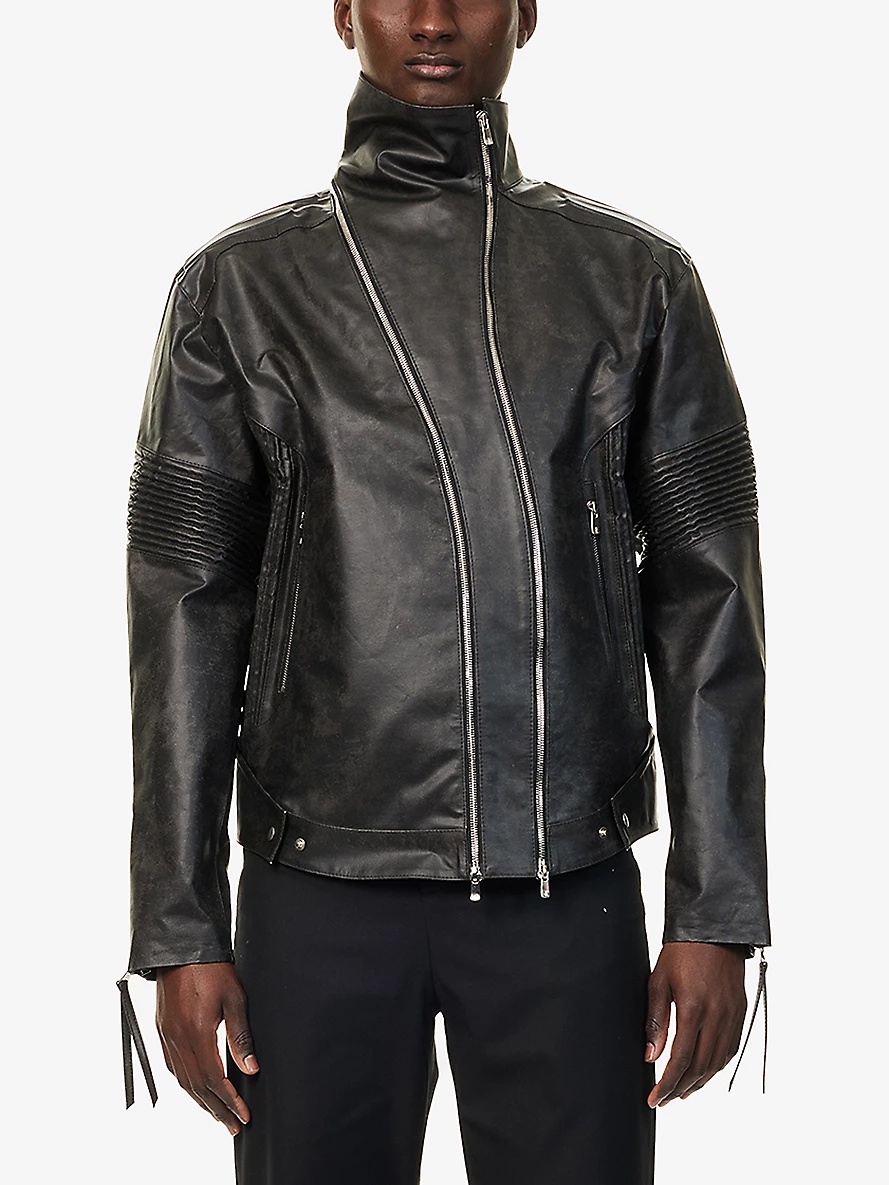 Asymmetrical-Neck Zip-Up Leather Jacket - 3