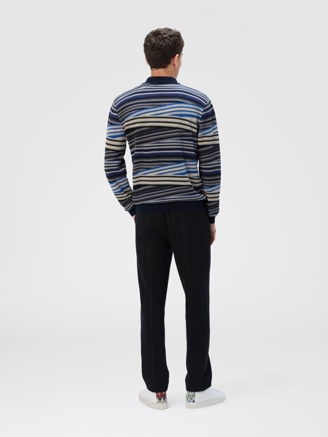Long Sleeve Polo with Zip and Striped Zigzag Pattern - 3