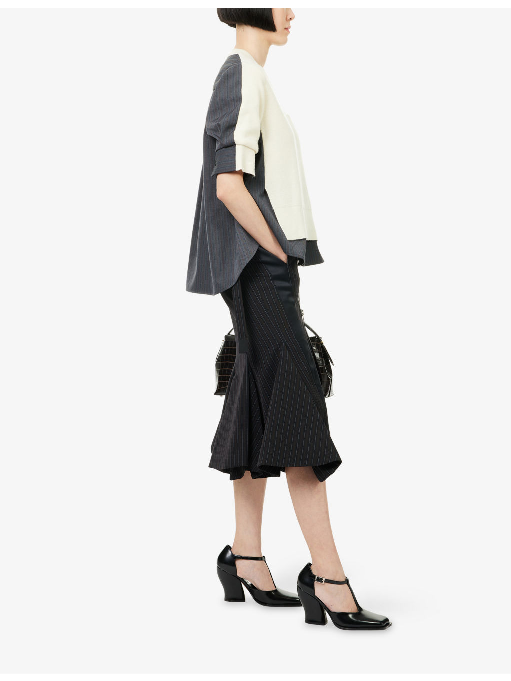 Stripe-Pattern Belted Wool-Blend Midi Skirt - 2