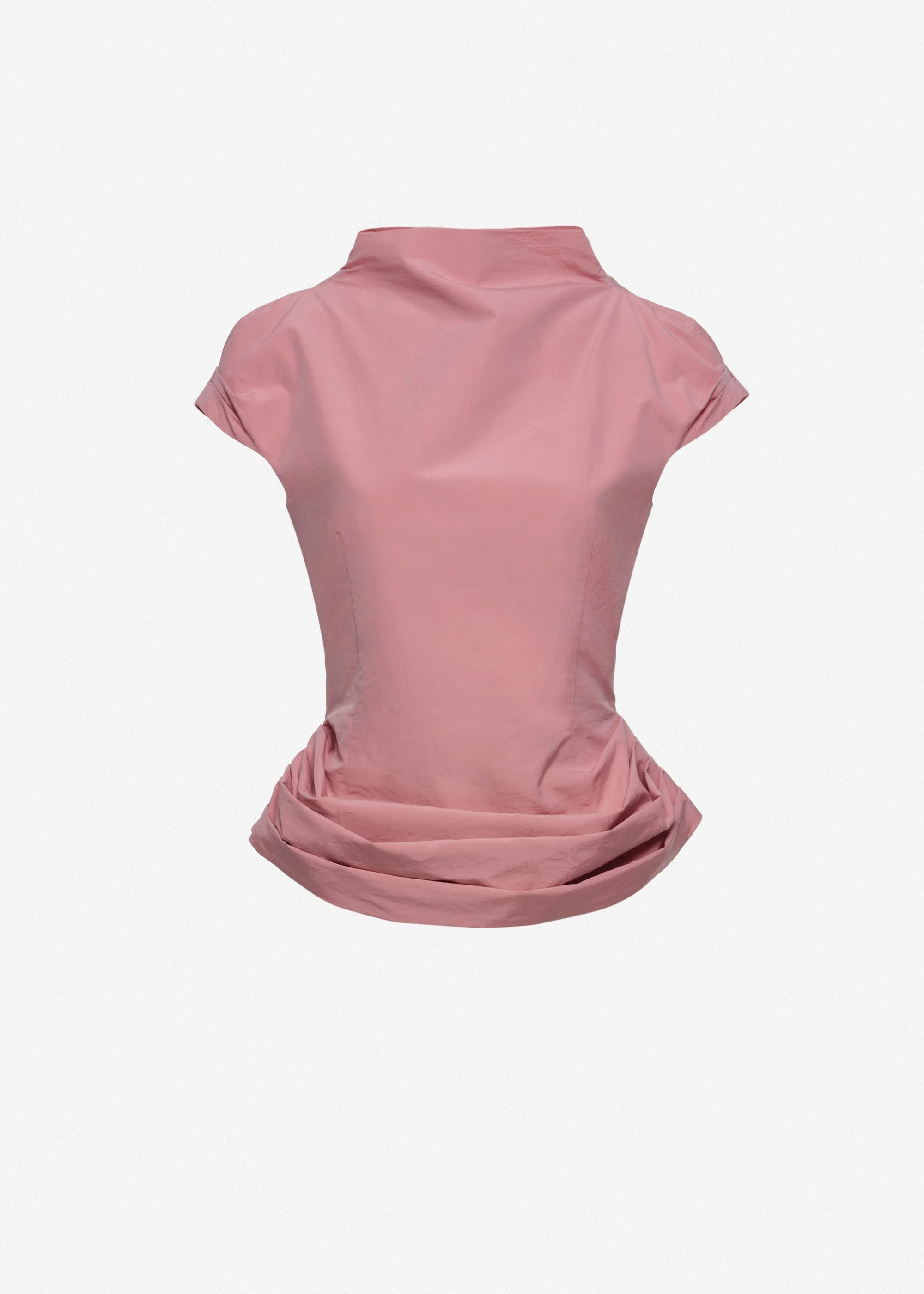 Fitted draped blouse with stand collar in pink - 1