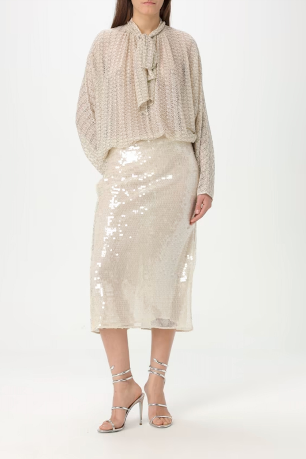 Lamé Viscose Lace Blouse With Sash Collar - 2