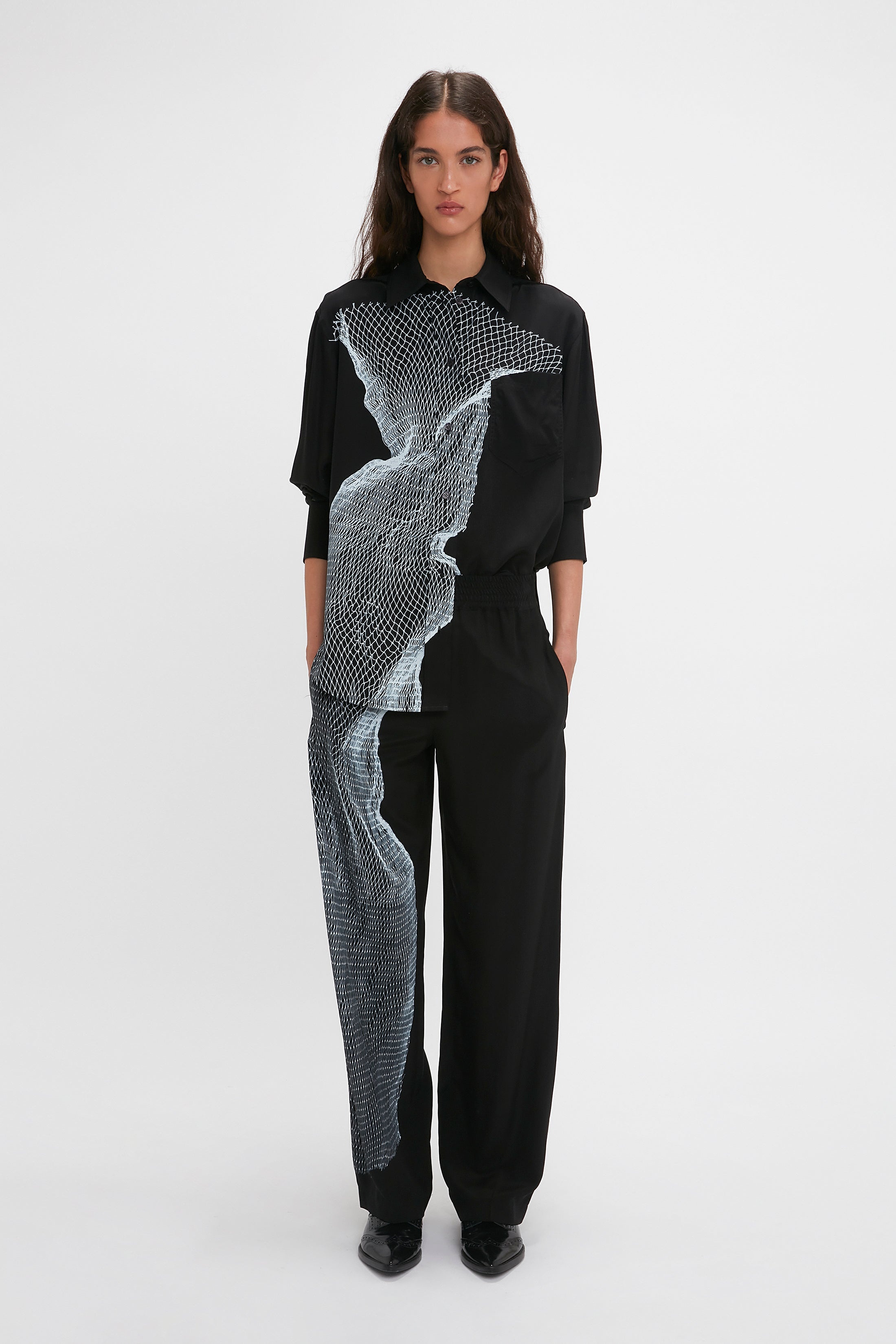 Long Sleeve Pyjama Shirt In Black-White Contorted Net - 6