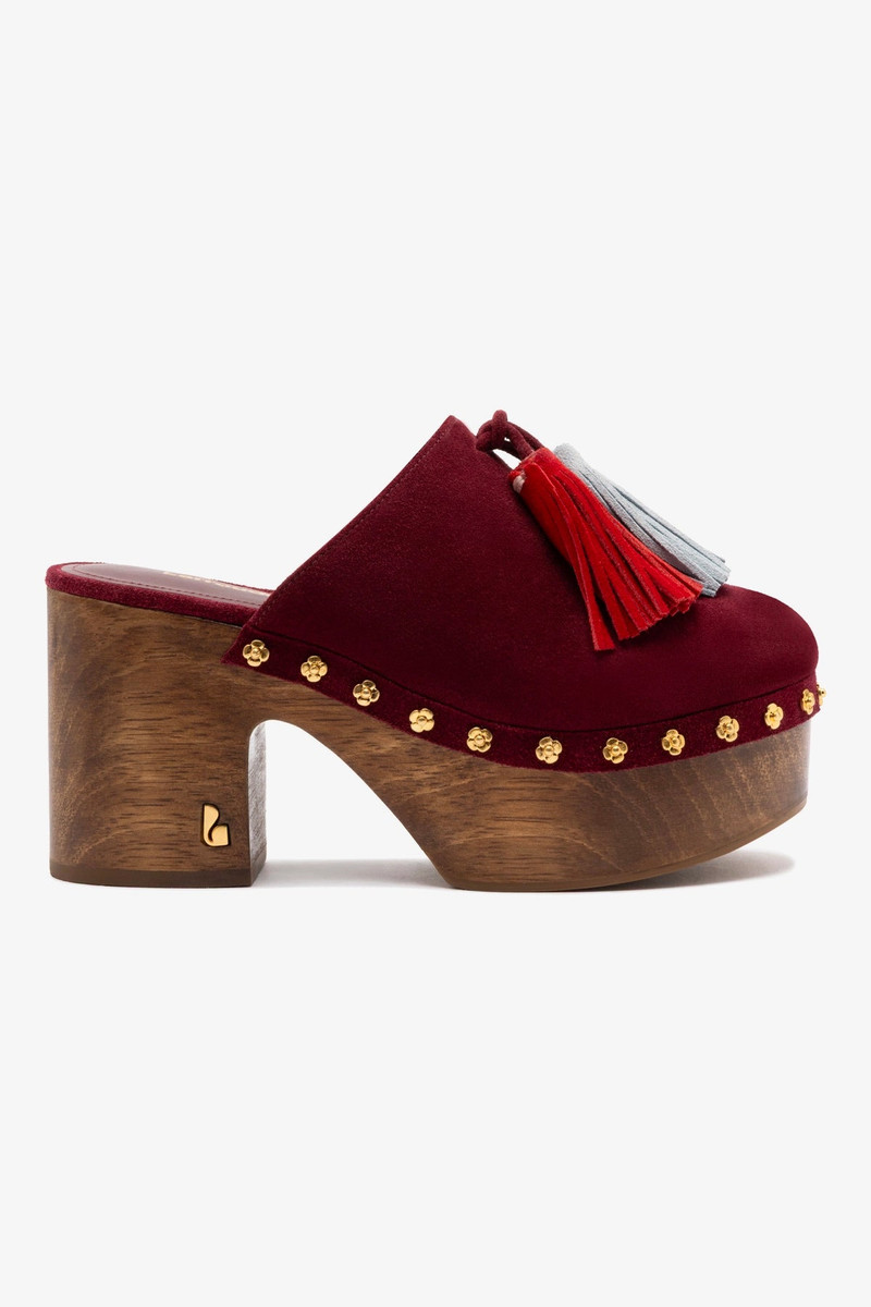 Miso Wooden Tassel Clog In Burgundy Suede 1