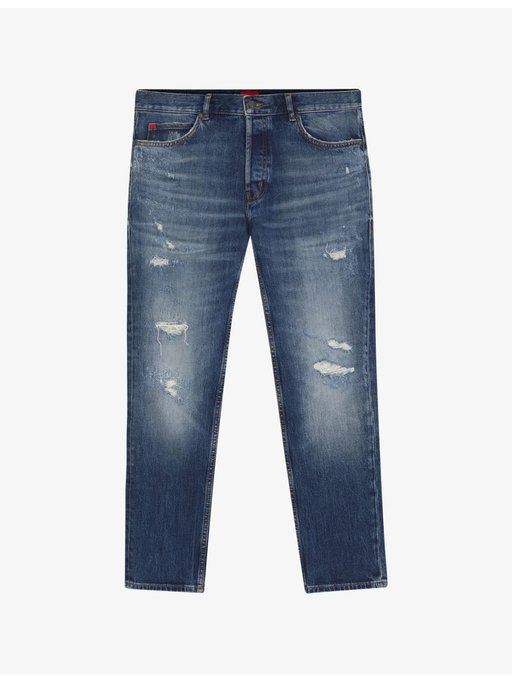 Distressed Tapered-Leg Stretch-Denim Jeans - 1