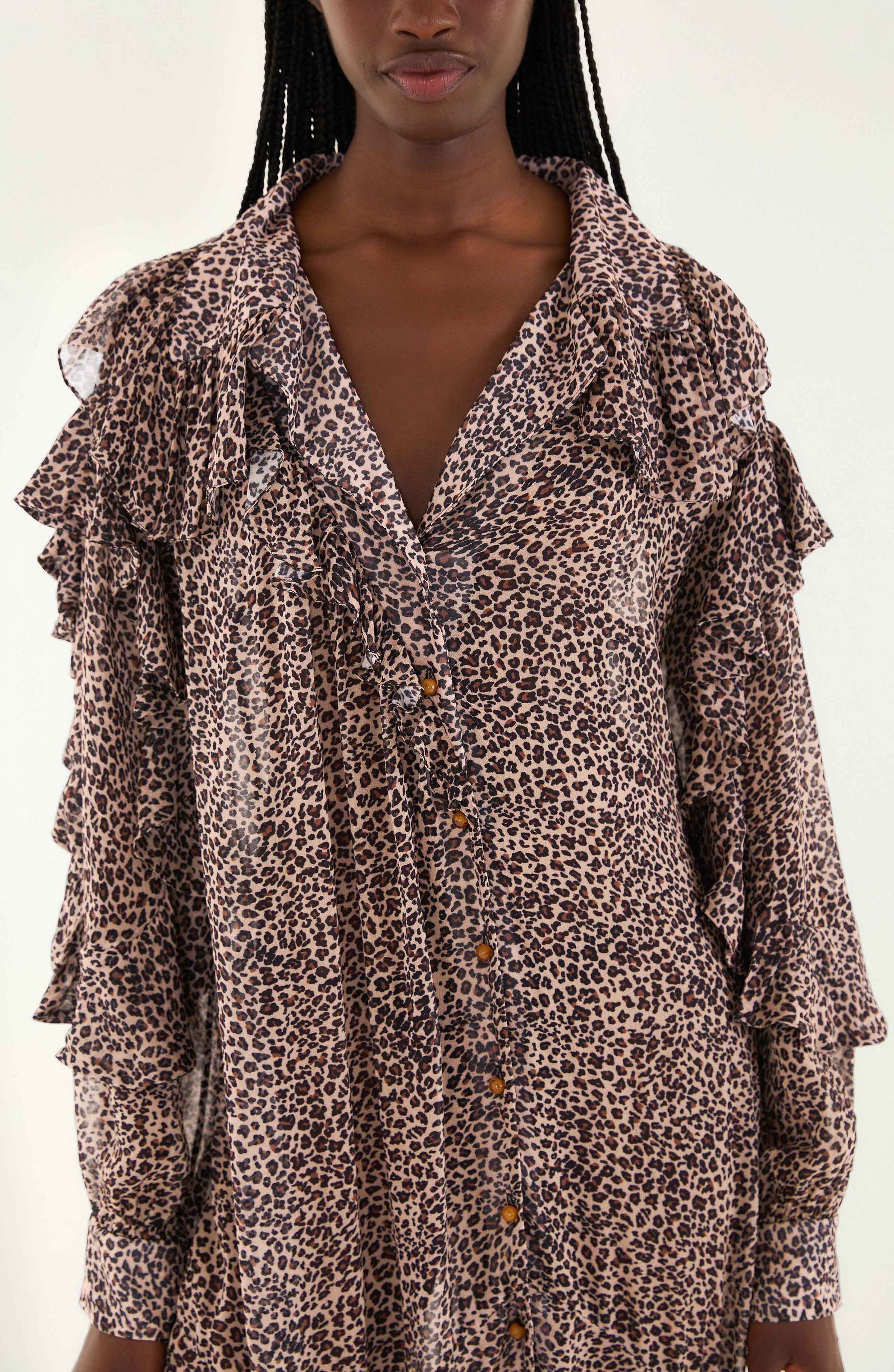 FARM Rio Baby Leopard Ruffle Long Sleeve Maxi Shirtdress in Baby Leopard Pink at Nordstrom - 4