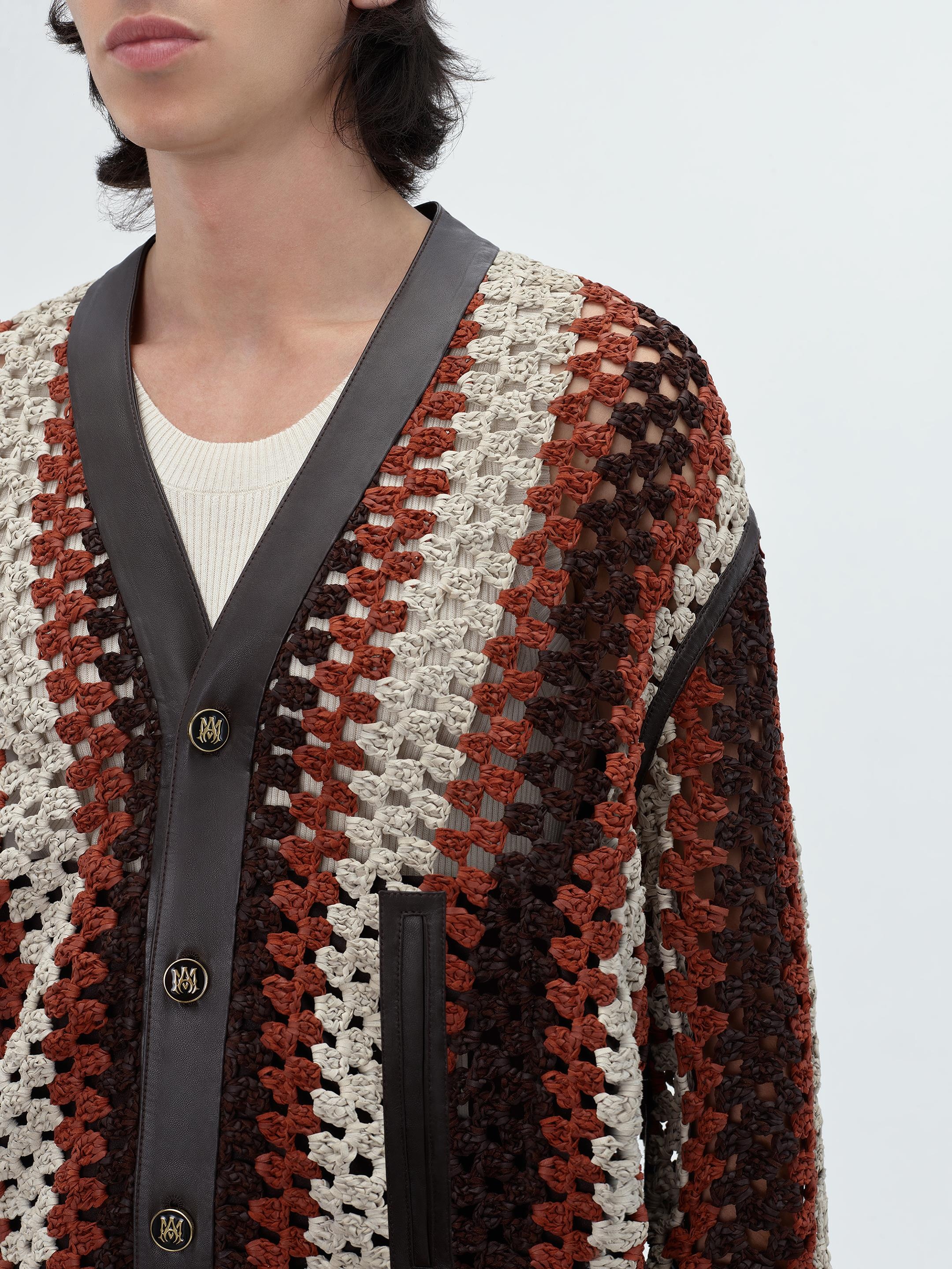 CROCHET KNIT LEATHER CARDIGAN - 6