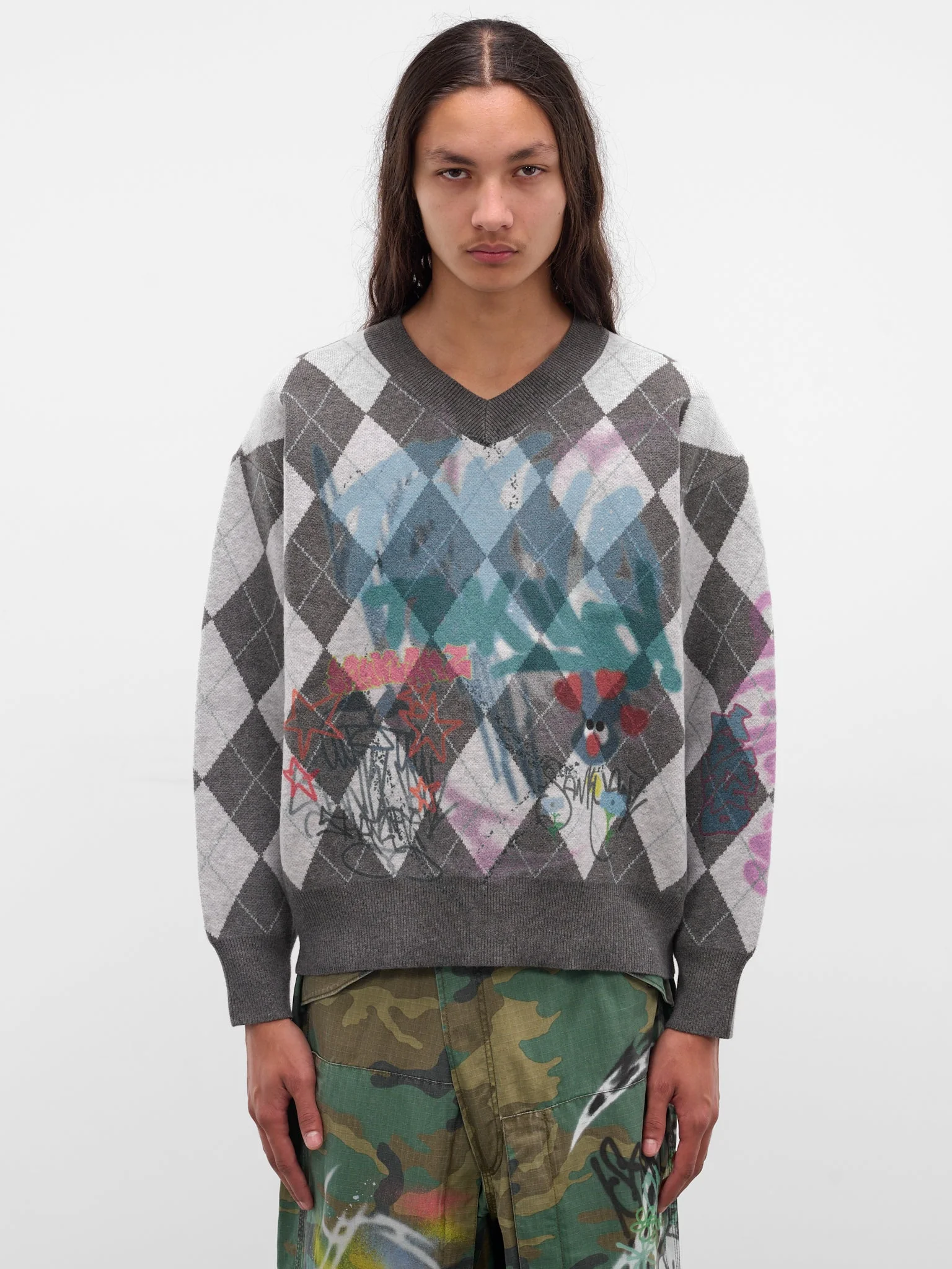 Gray Argyle Graffiti Sweater - 1
