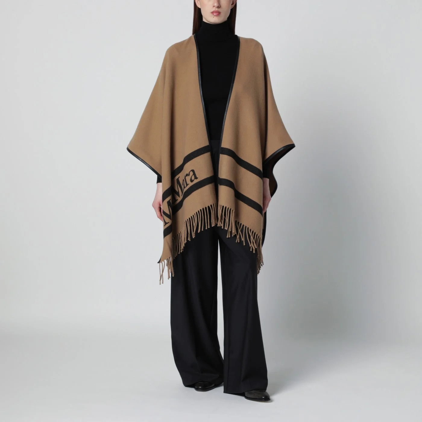 Camel jacquard wool poncho - 1