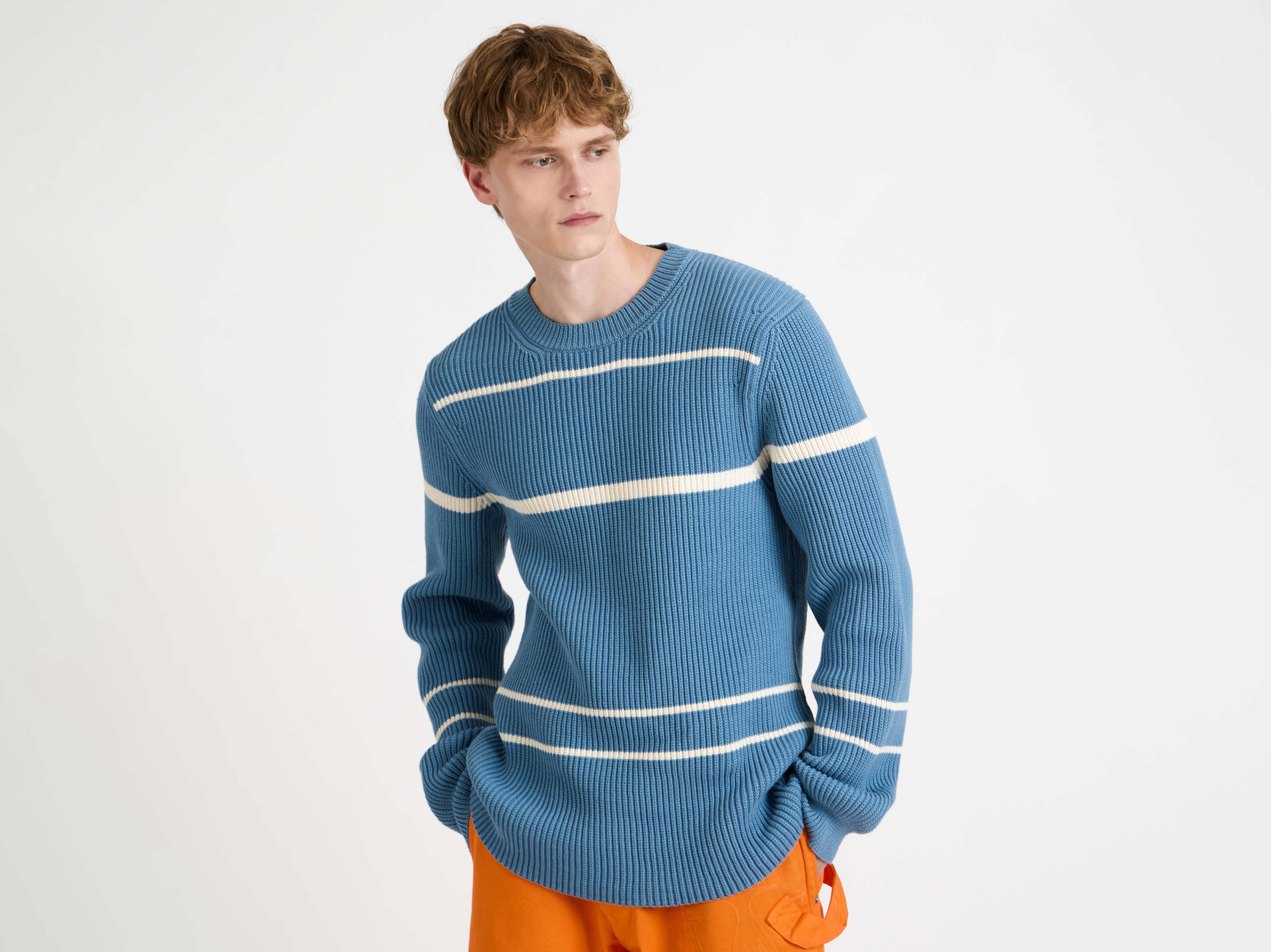 KNITTED STRIPED JUMPER TOP IN STEEL BLUE - 5