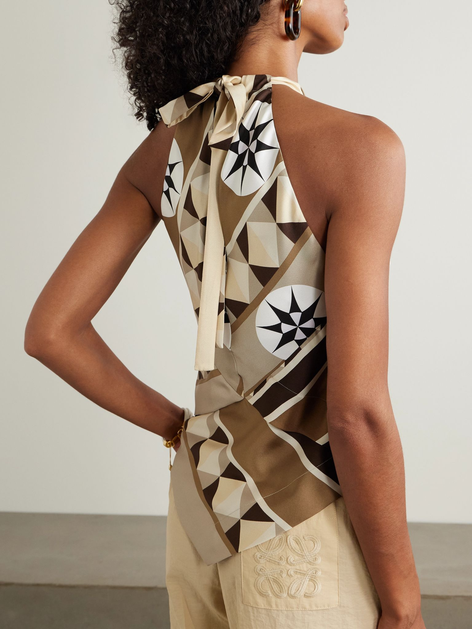 + Paula's Ibiza embellished cutout printed silk-twill halterneck top Beige - 3